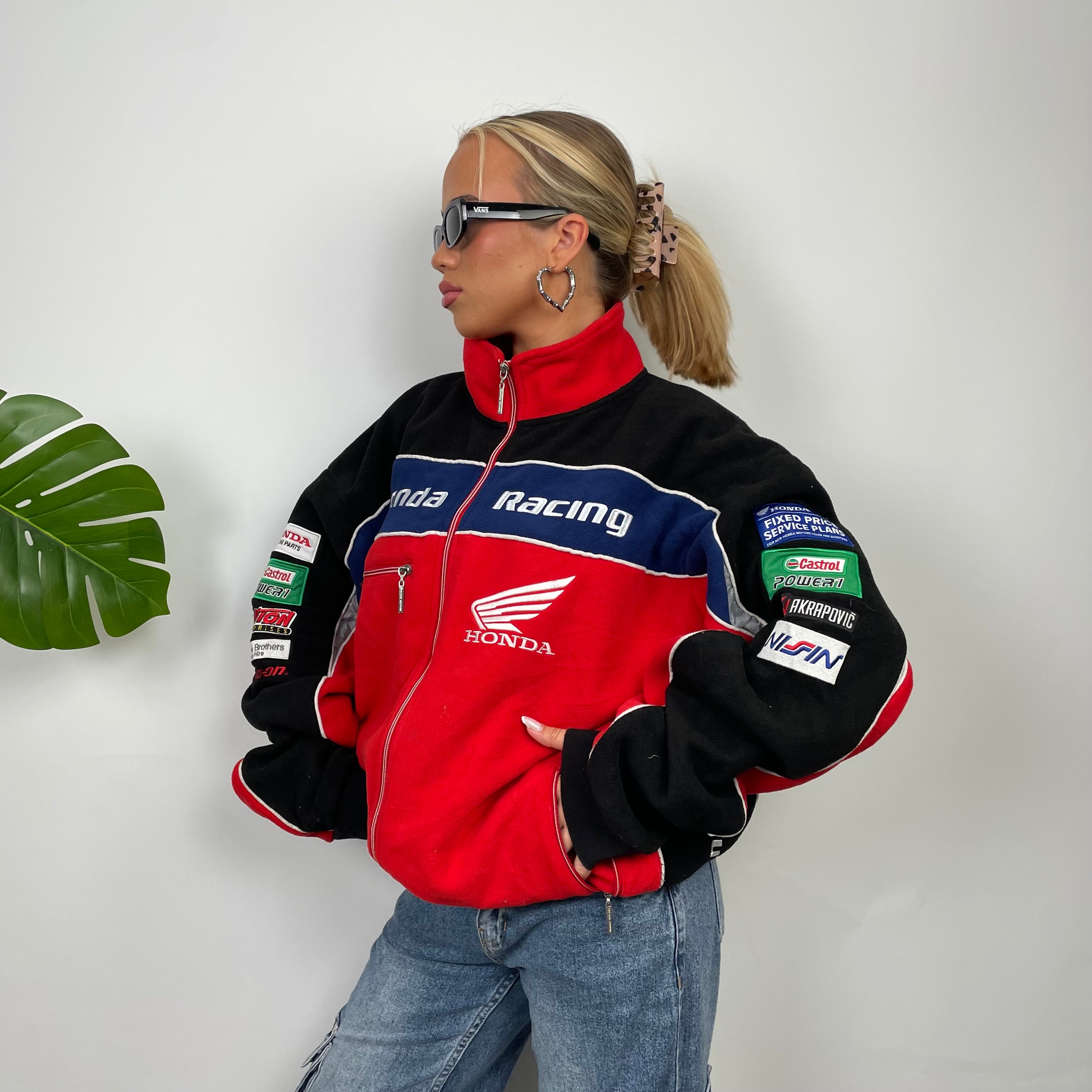 Honda Racing Red Embroidered Spell Out Zip Up Hoodie Jacket (XXXL)