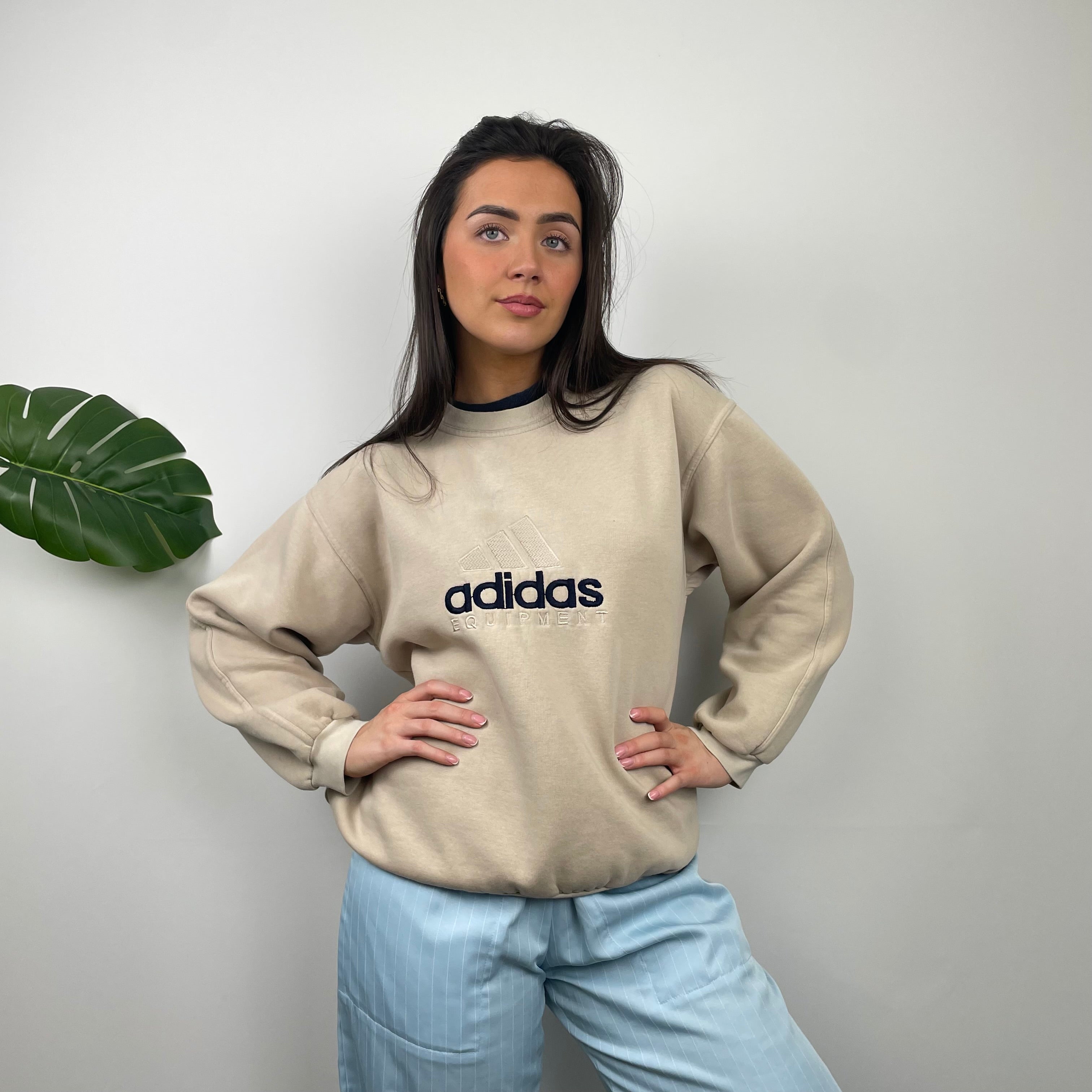 Adidas Equipment RARE Tan Beige Embroidered Spell Out Sweatshirt M Jamie Online Vintage