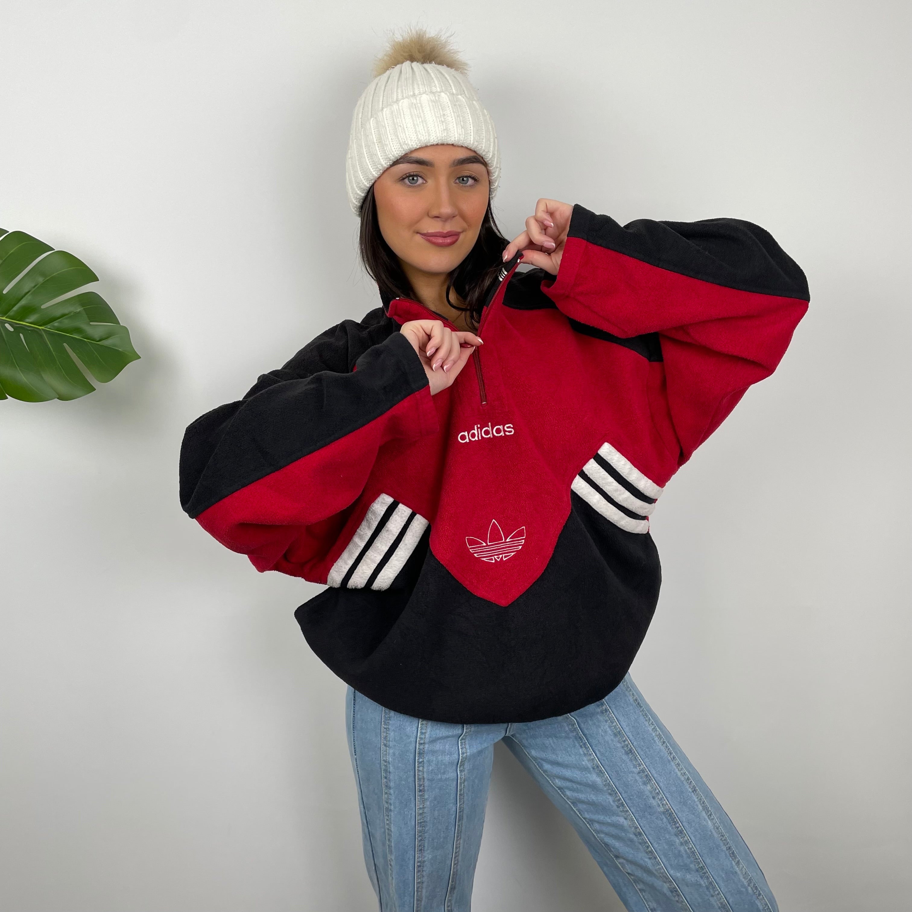 Adidas Red Colour Block Embroidered Spell Out Teddy Bear Fleece Quarter Zip Sweatshirt (XL)