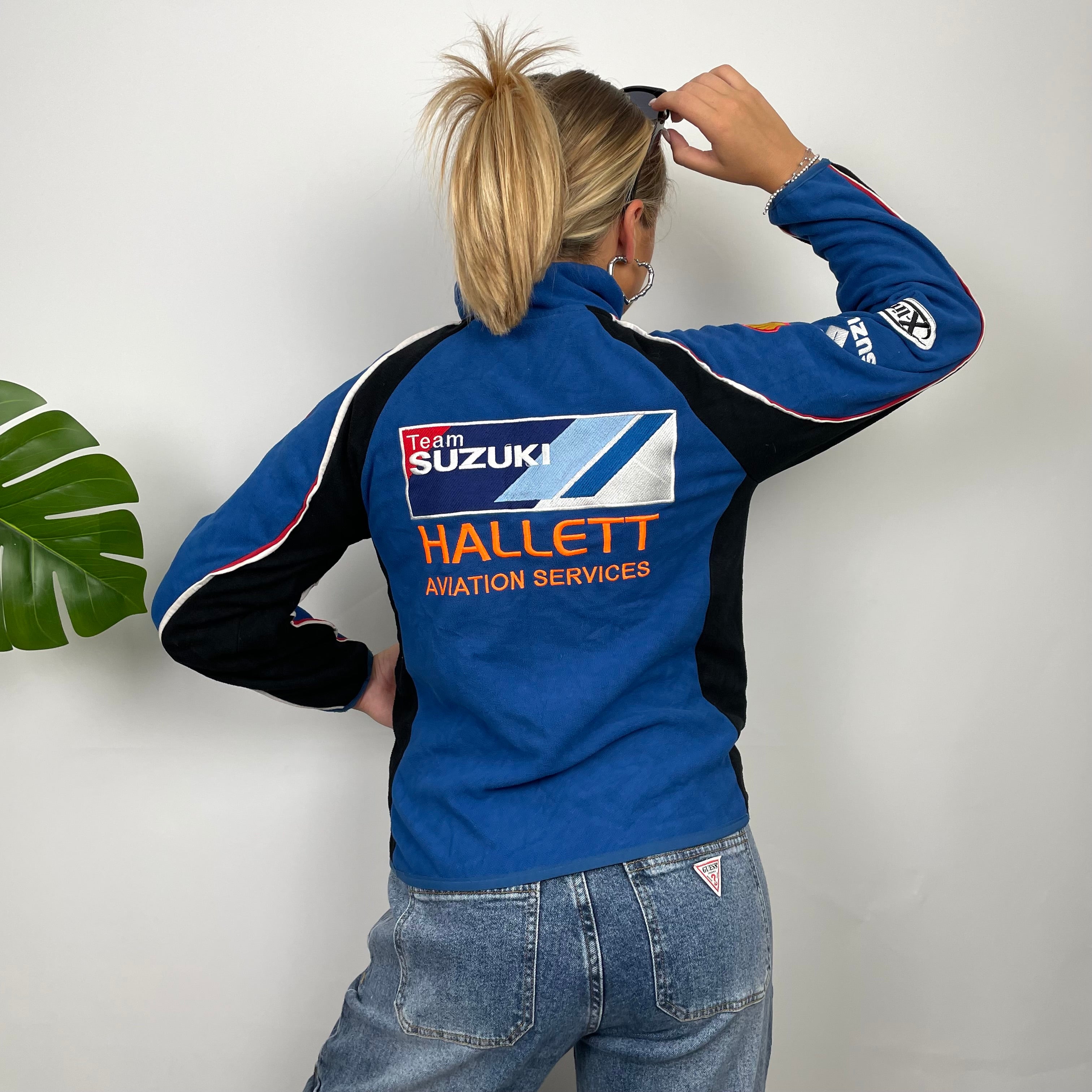 Suzuki Racing Blue Embroidered Spell Out Zip Up Hoodie Jacket (XS)