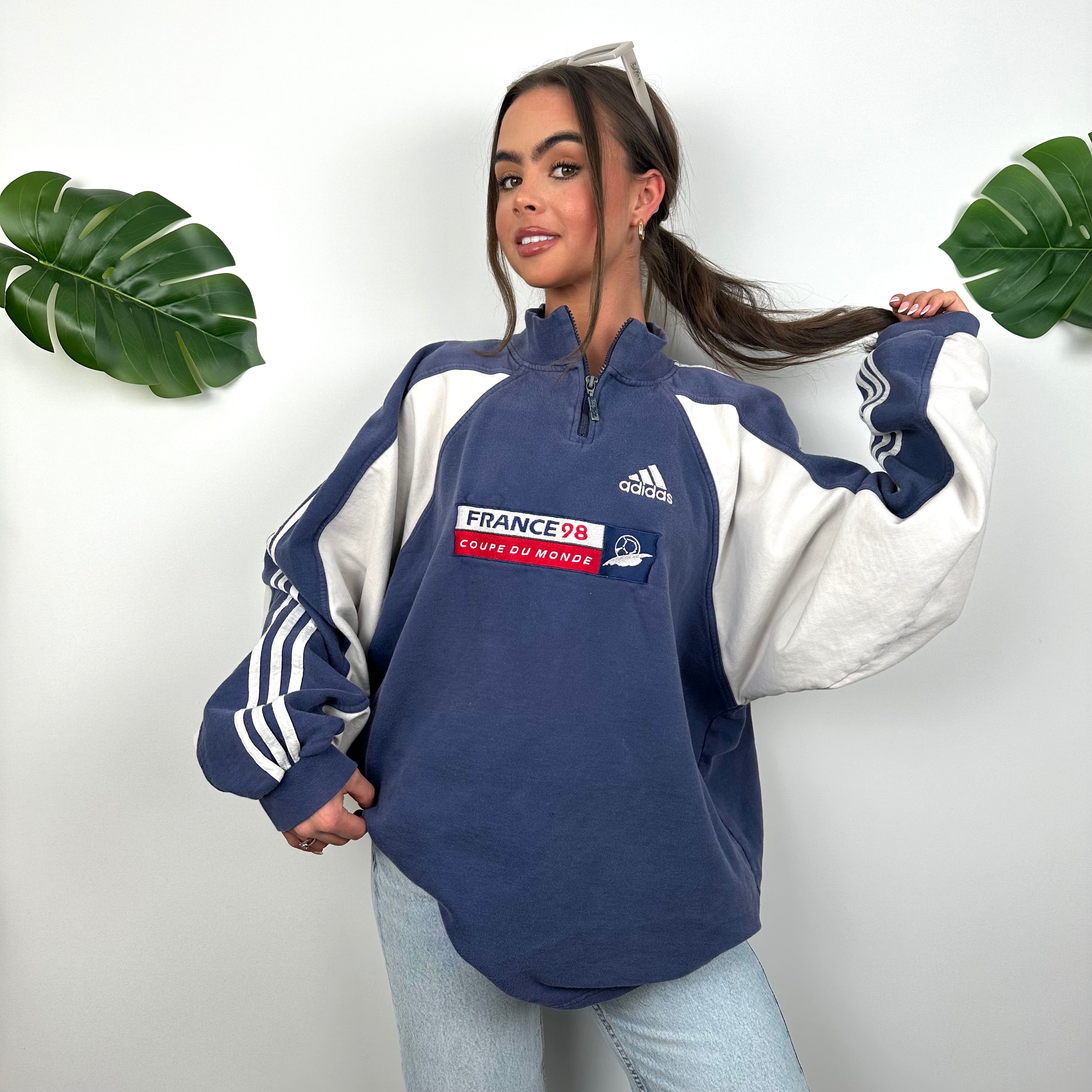 Adidas x Football World Cup France 1998 RARE Navy Embroidered Spell Out Quarter Zip Sweatshirt (XL)