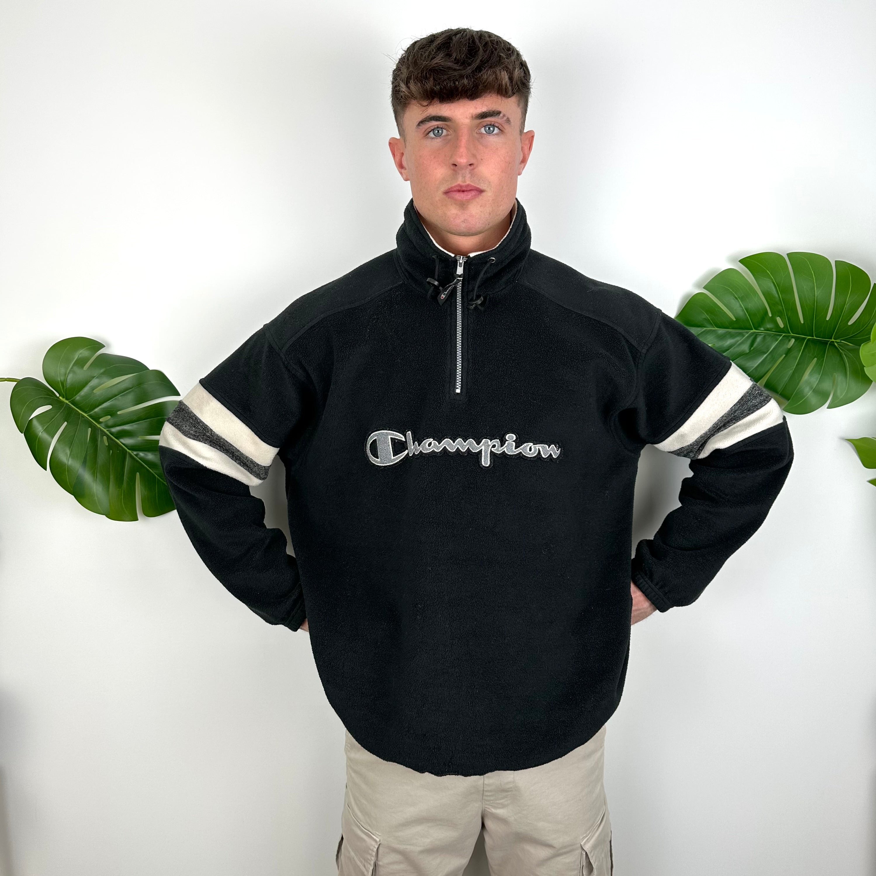 Champion Black Embroidered Spell Out Teddy Bear Fleece Quarter Zip Sweatshirt (M)