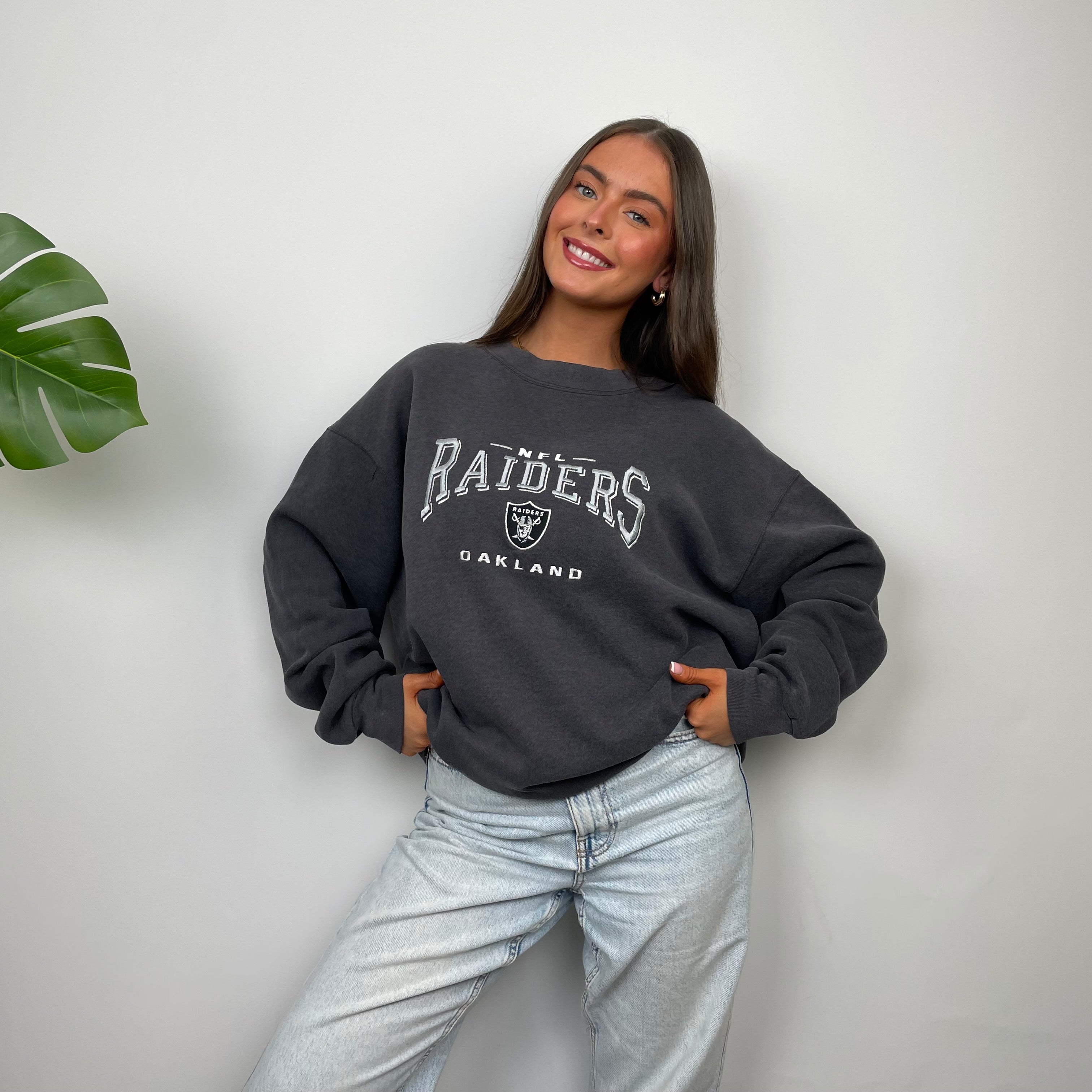 NFL Las Vegas Raiders Grey Embroidered Spell Out Sweatshirt (L)