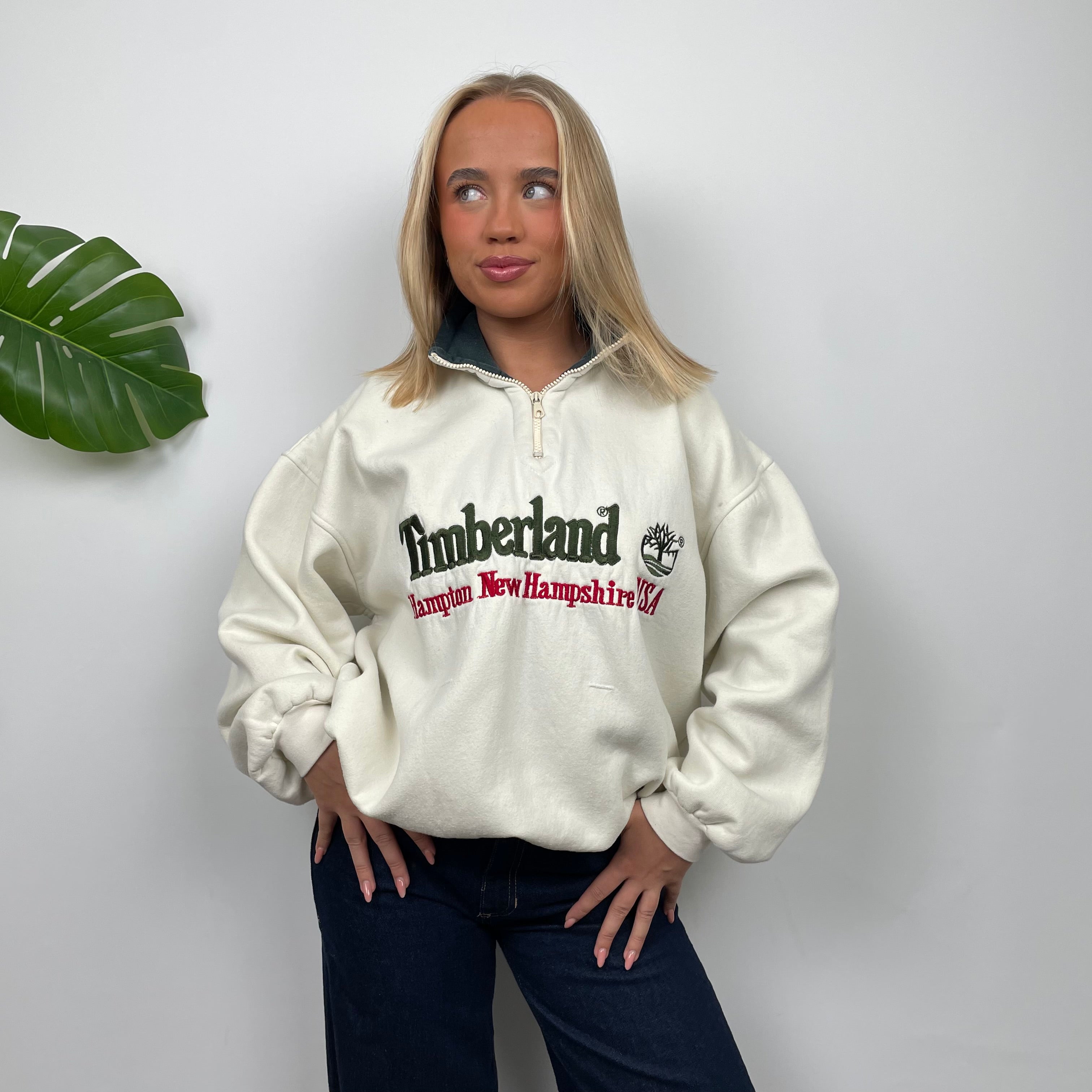 Timberland Cream Embroidered Spell Out Quarter Zip Sweatshirt (M)