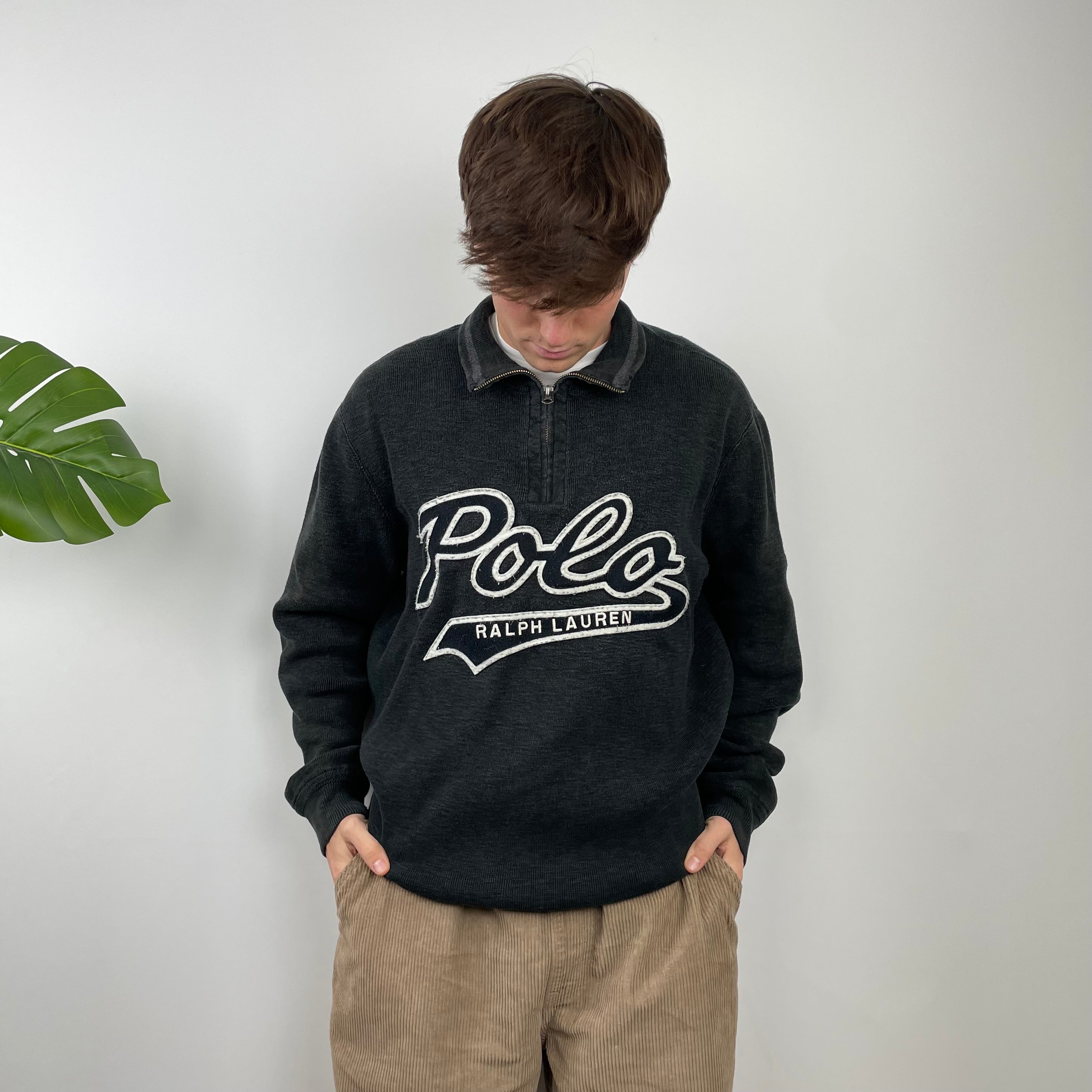 Polo Ralph Lauren Black Embroidered Spell Out Quarter Zip Sweatshirt (XL)