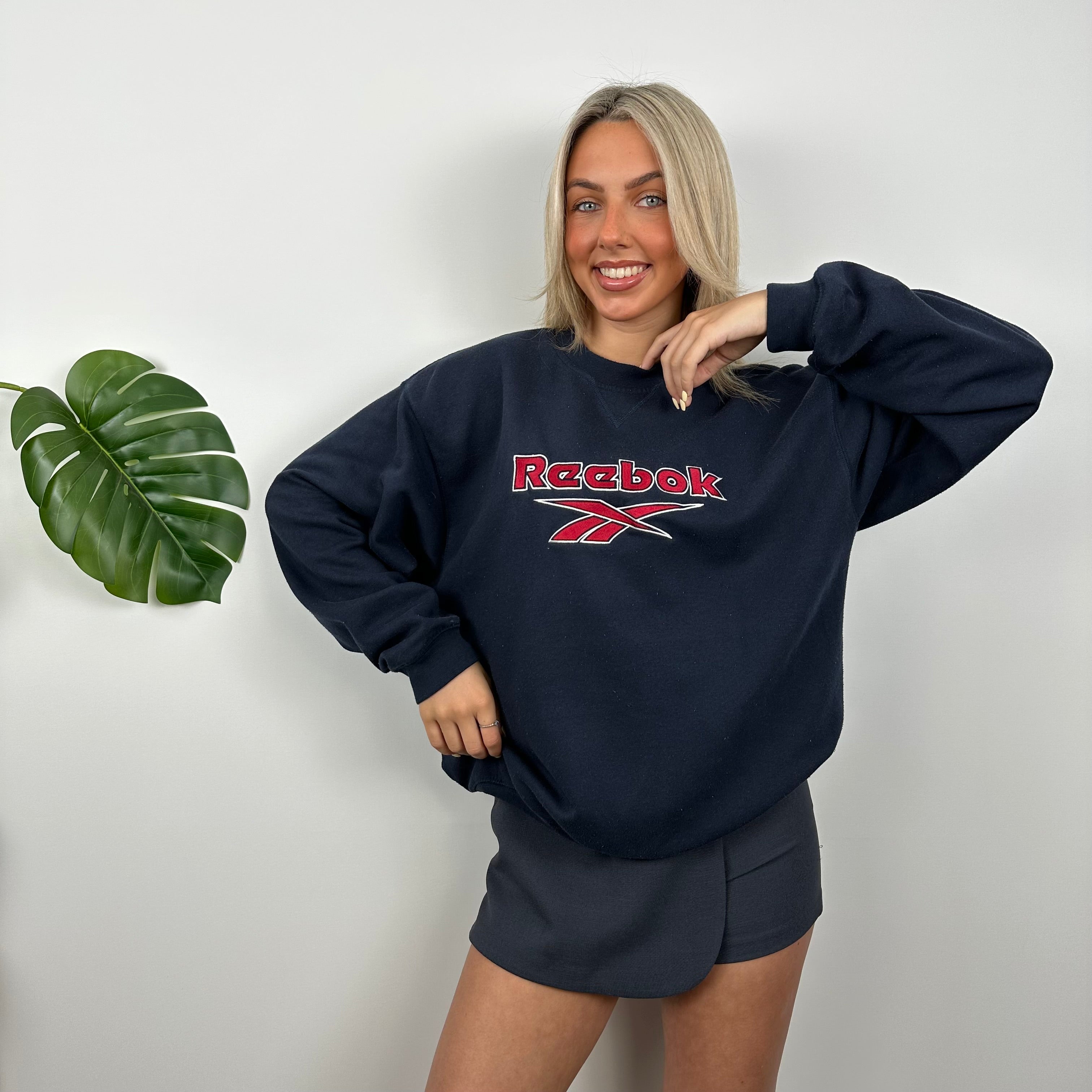 Reebok RARE Navy Embroidered Spell Out Sweatshirt (M)