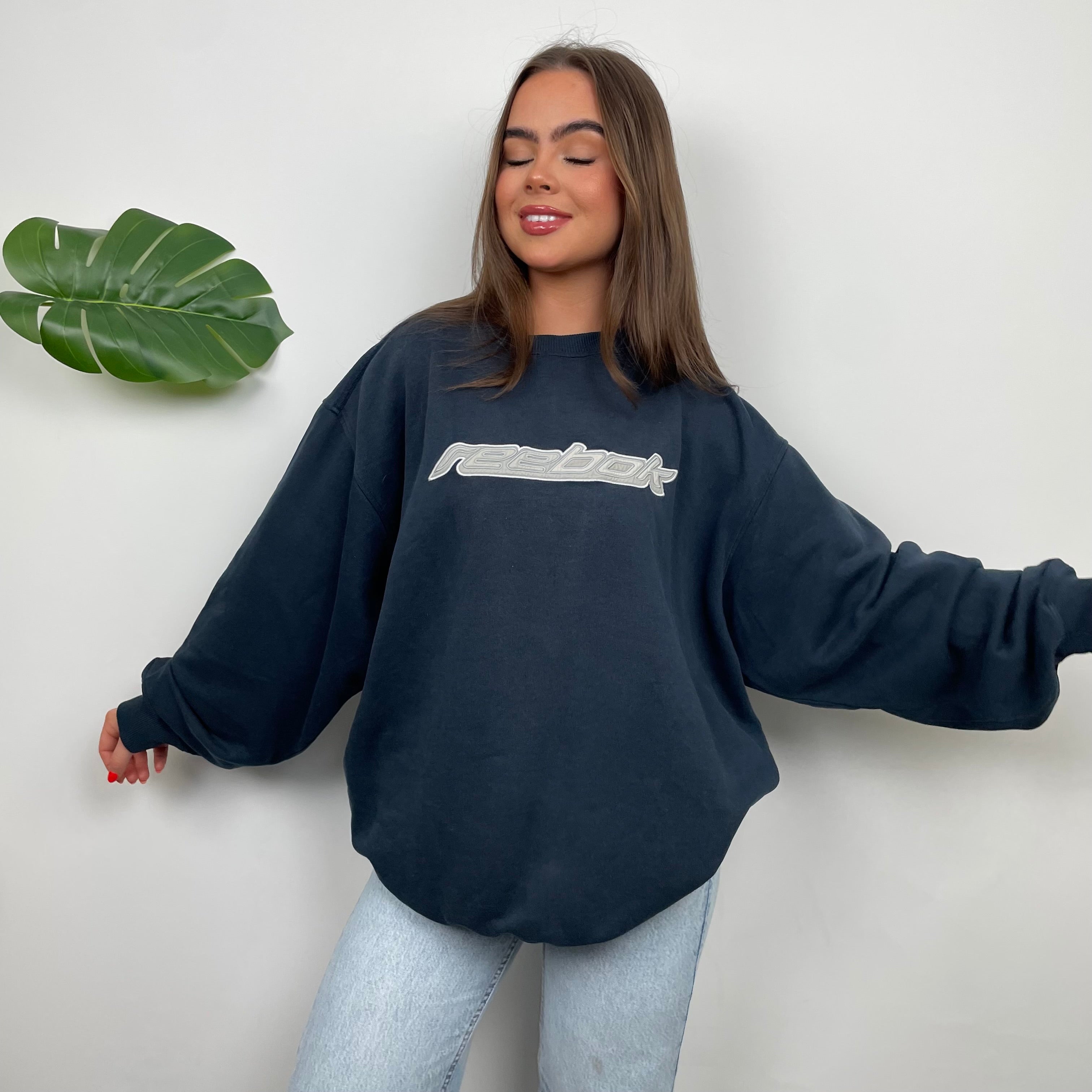 Reebok Navy Embroidered Spell Out Sweatshirt (L)