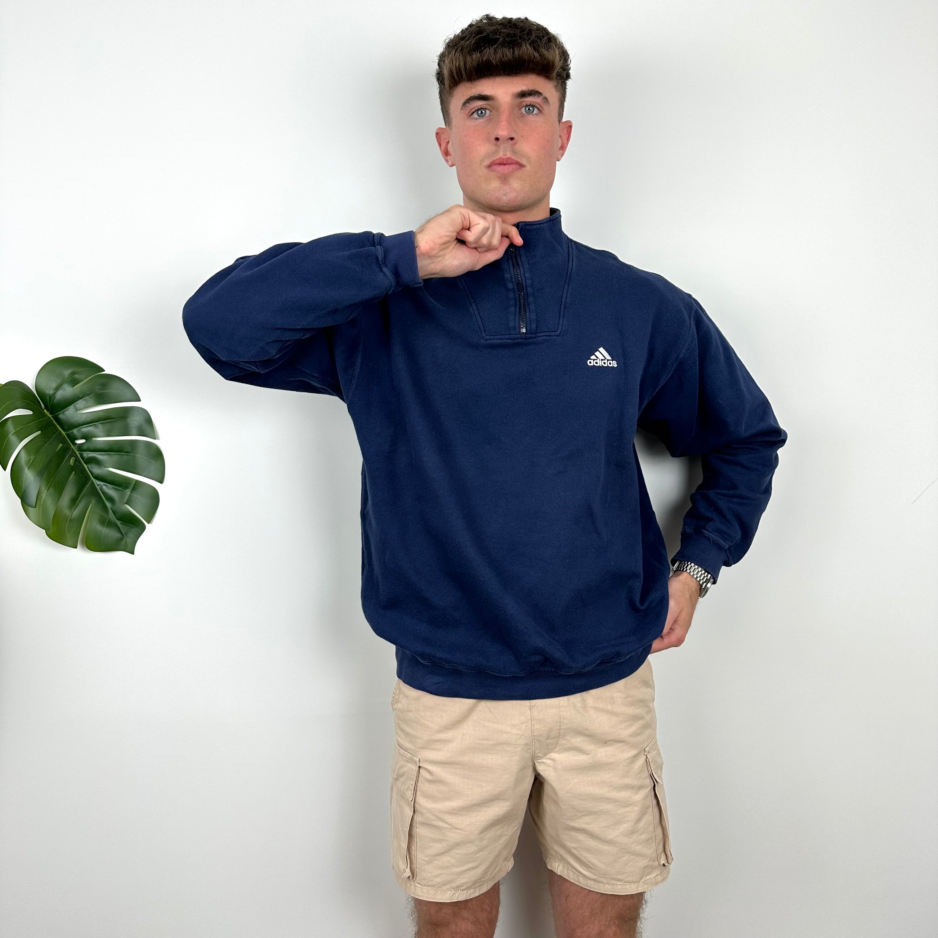 Adidas RARE Navy Embroidered Spell Out Quarter Zip Sweatshirt (L)