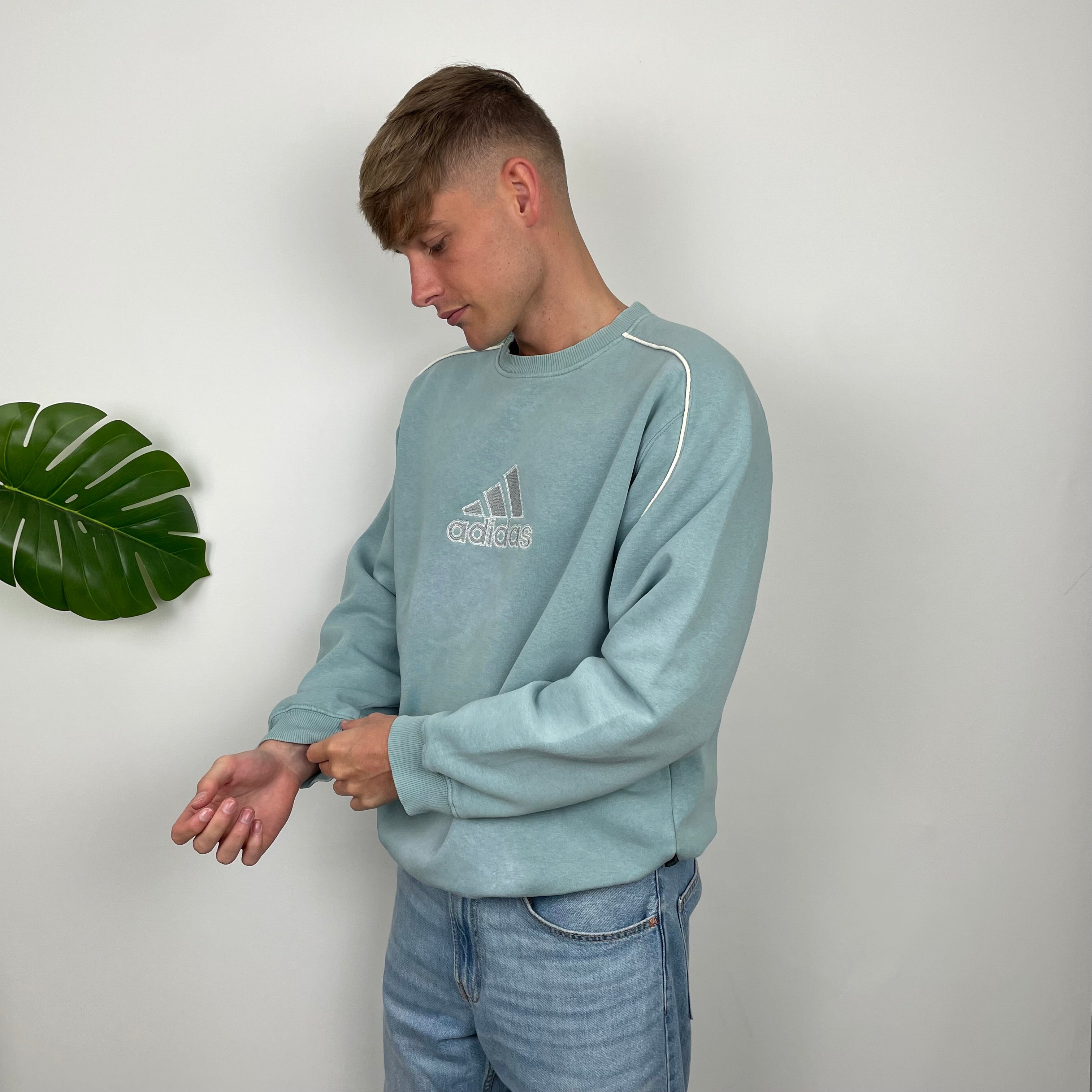 Adidas RARE Baby Blue Embroidered Spell Out Sweatshirt (XL)