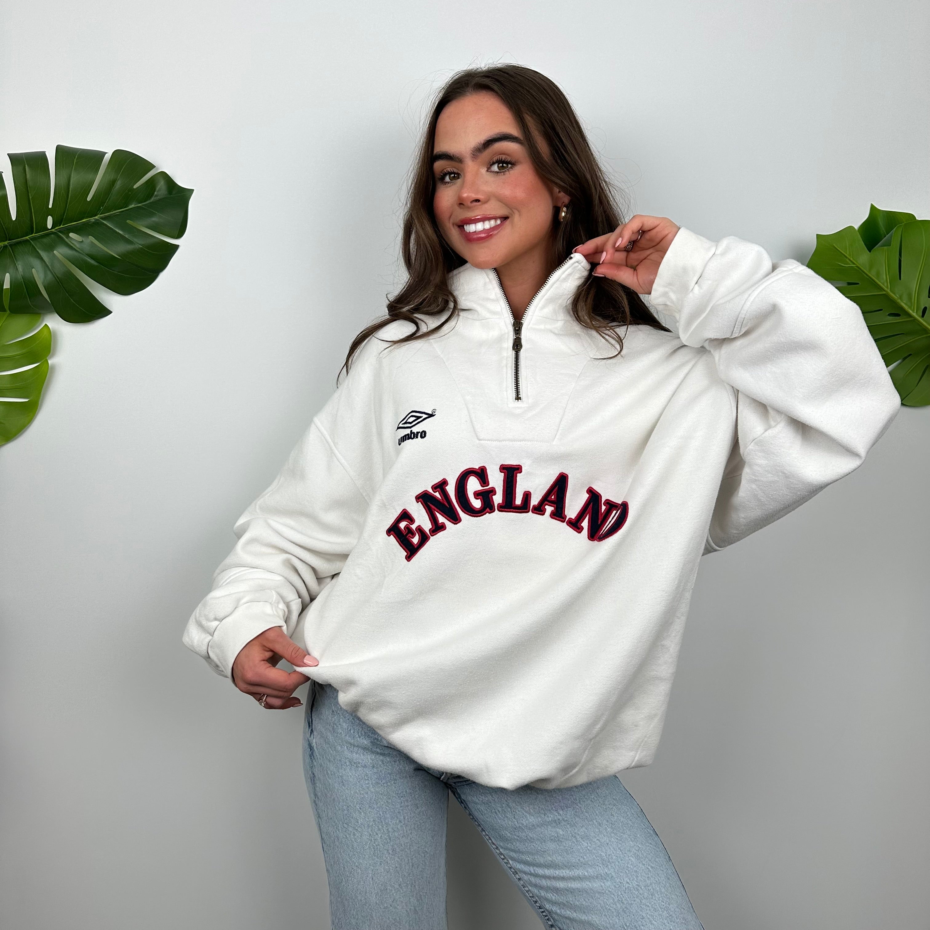 Umbro X England White Embroidered Spell Out Quarter Zip Sweatshirt (XL)