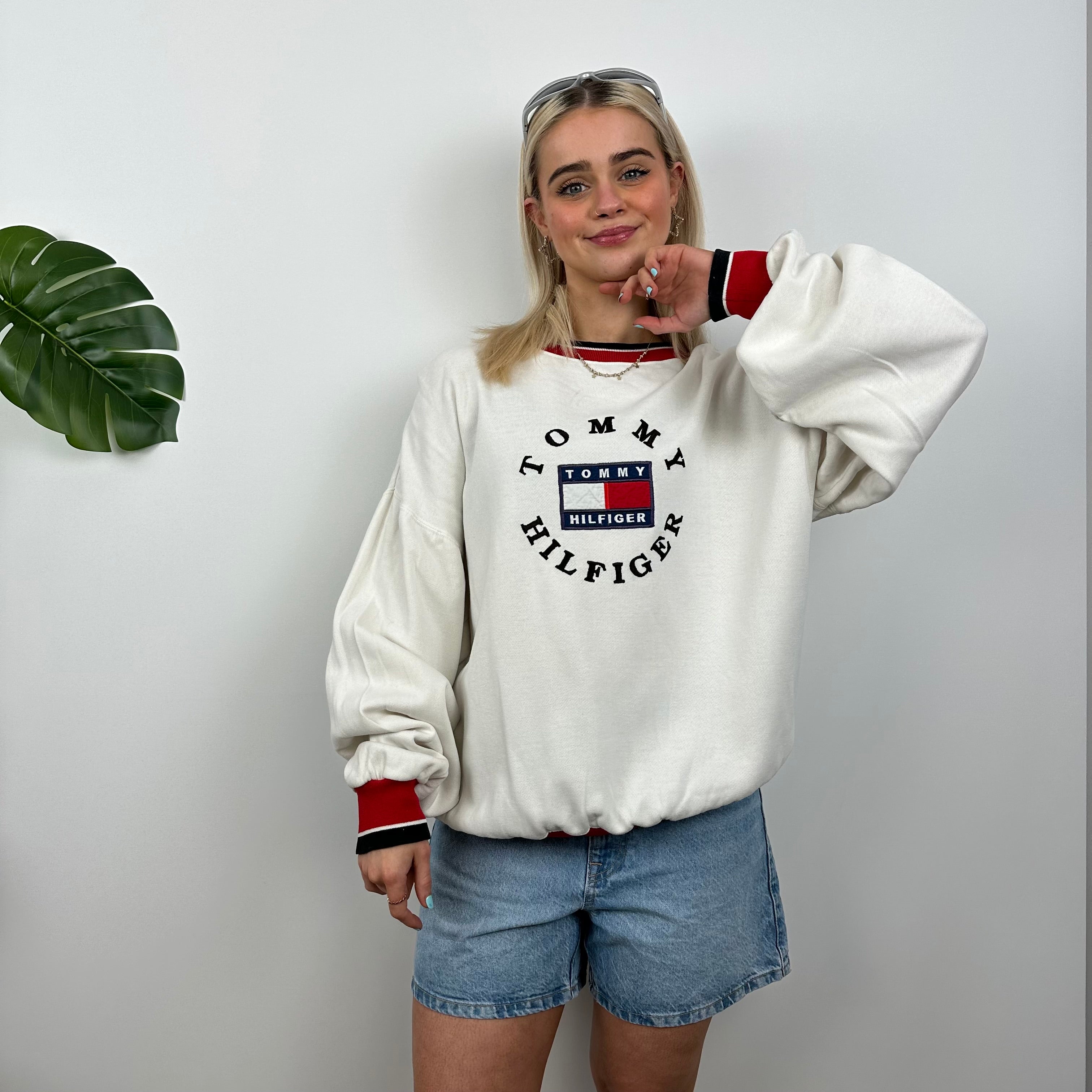 Tommy Hilfiger RARE White Embroidered Spell Out Sweatshirt (M)