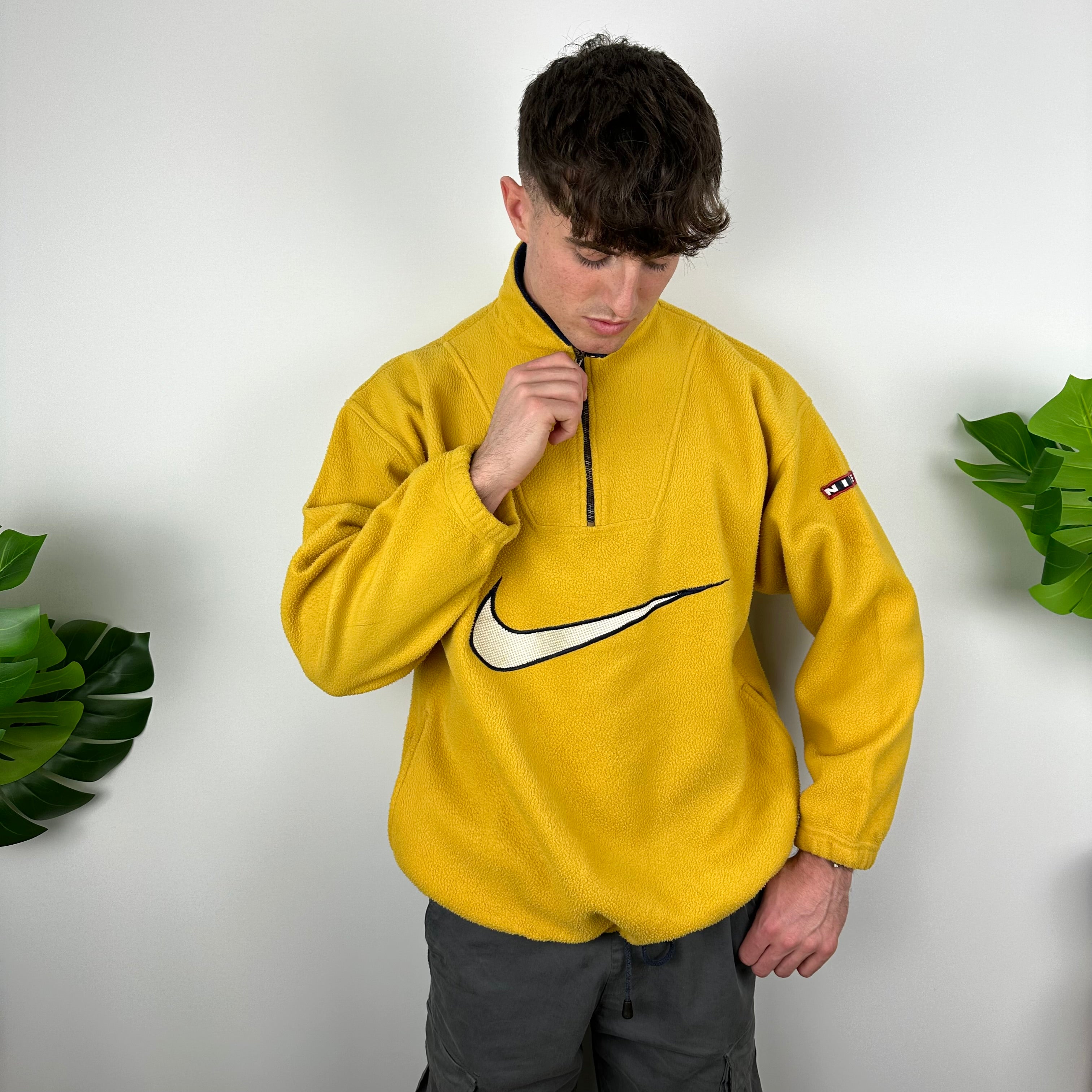 Nike Yellow Embroidered Spell Out Teddy Bear Fleece Quarter Zip Sweatshirt (L)