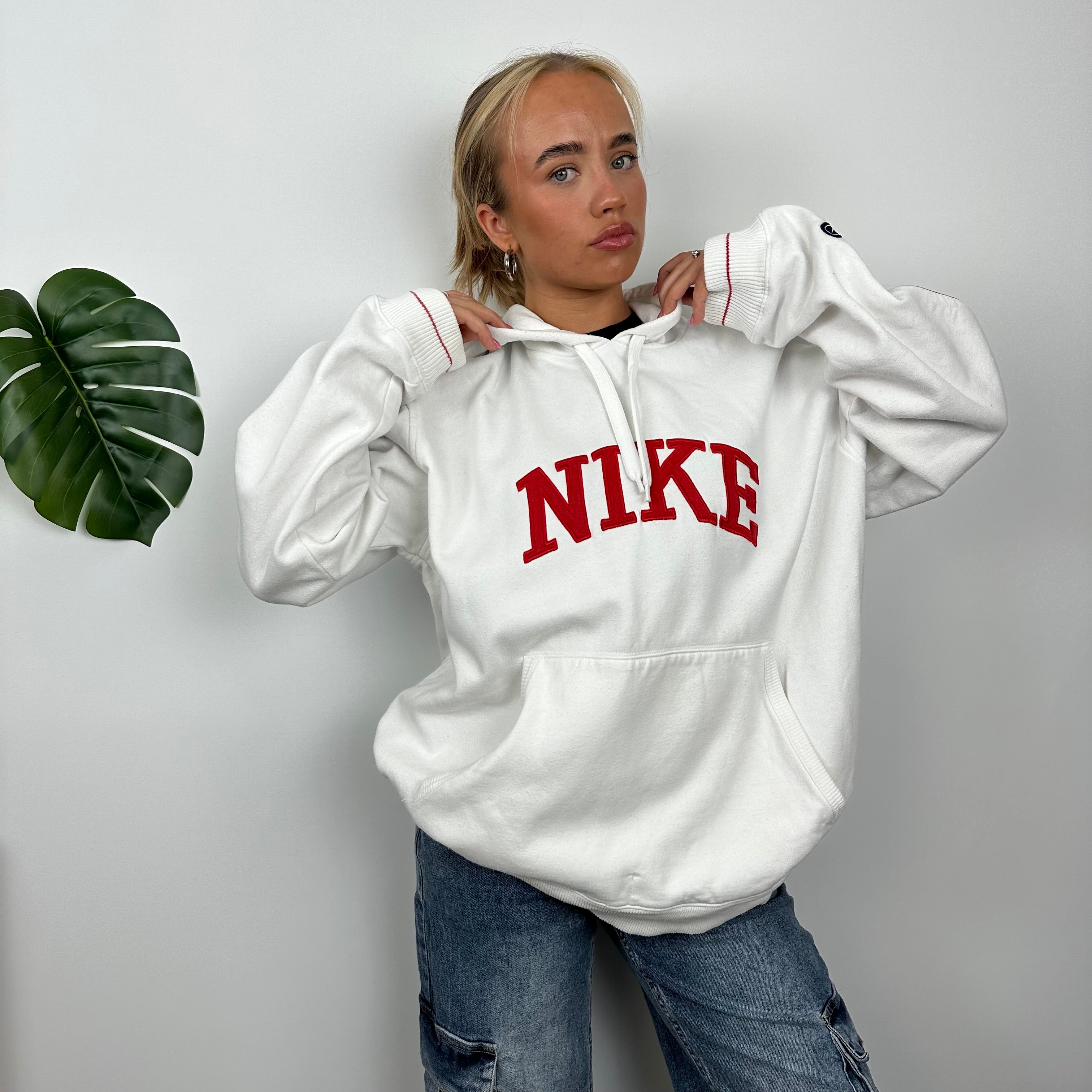 Nike White Embroidered Spell Out Hoodie (XL)