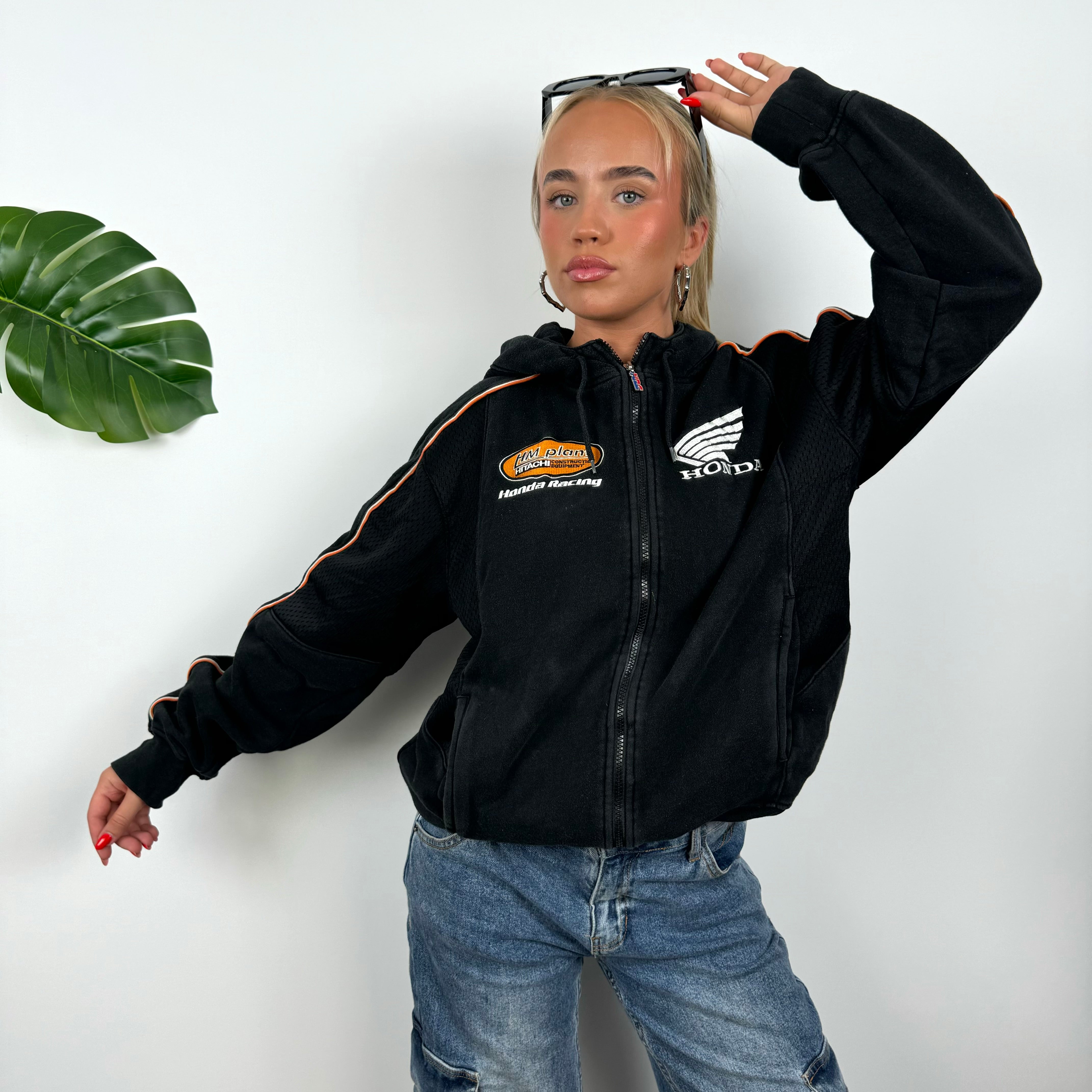 Honda Racing Black Embroidered Spell Out Zip Up Hoodie Jacket (S)