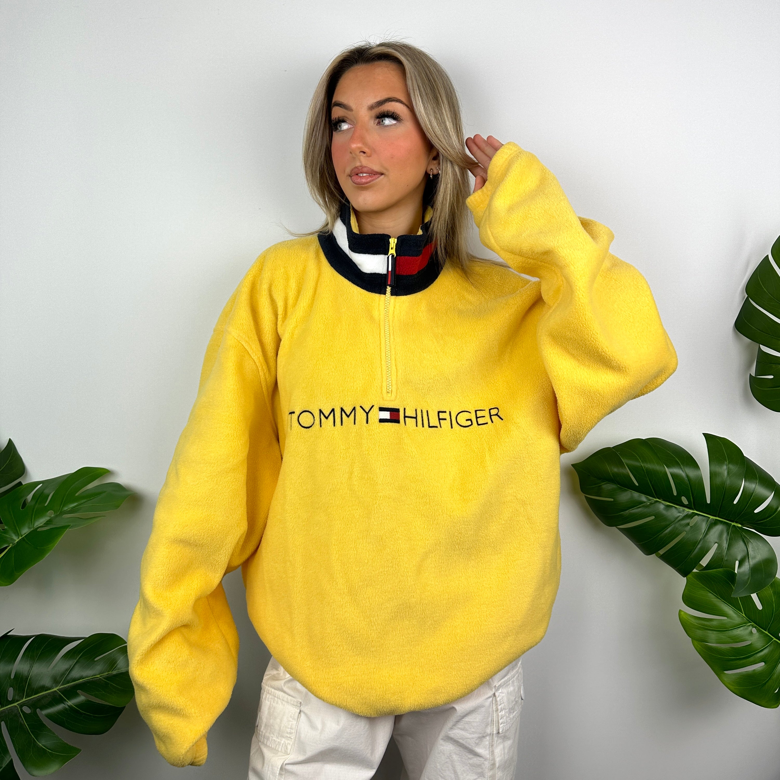 Tommy Hilfiger Yellow Embroidered Spell Out Teddy Bear Fleece Quarter Zip Sweatshirt (L)