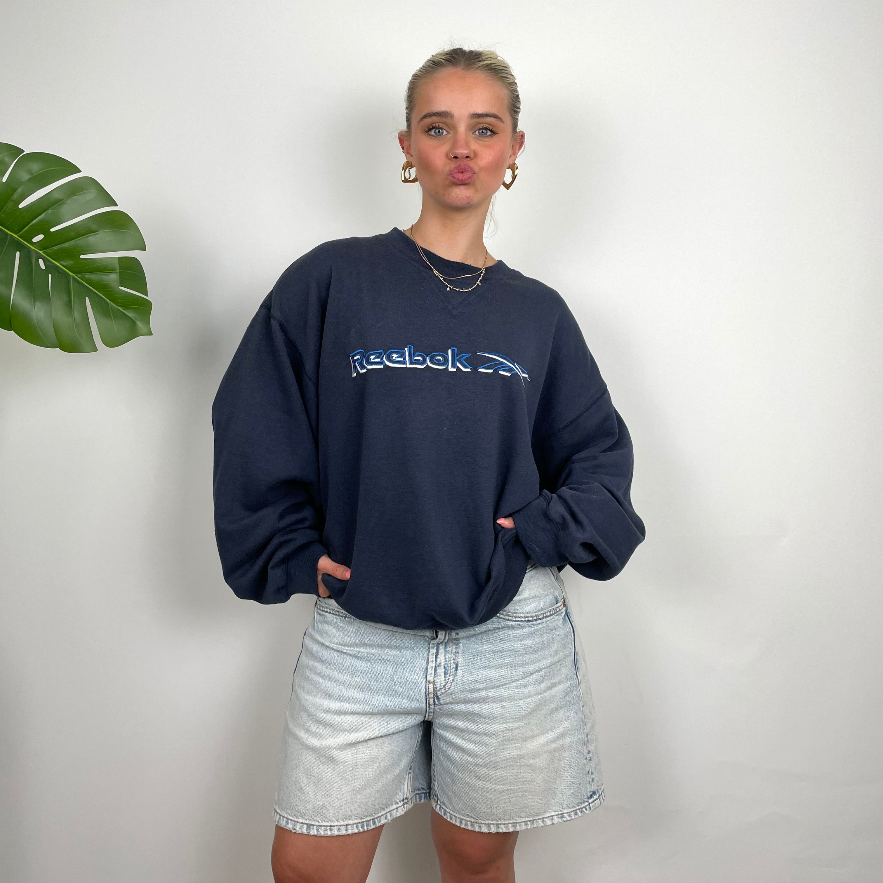 Reebok RARE Navy Embroidered Spell Out Sweatshirt (L)