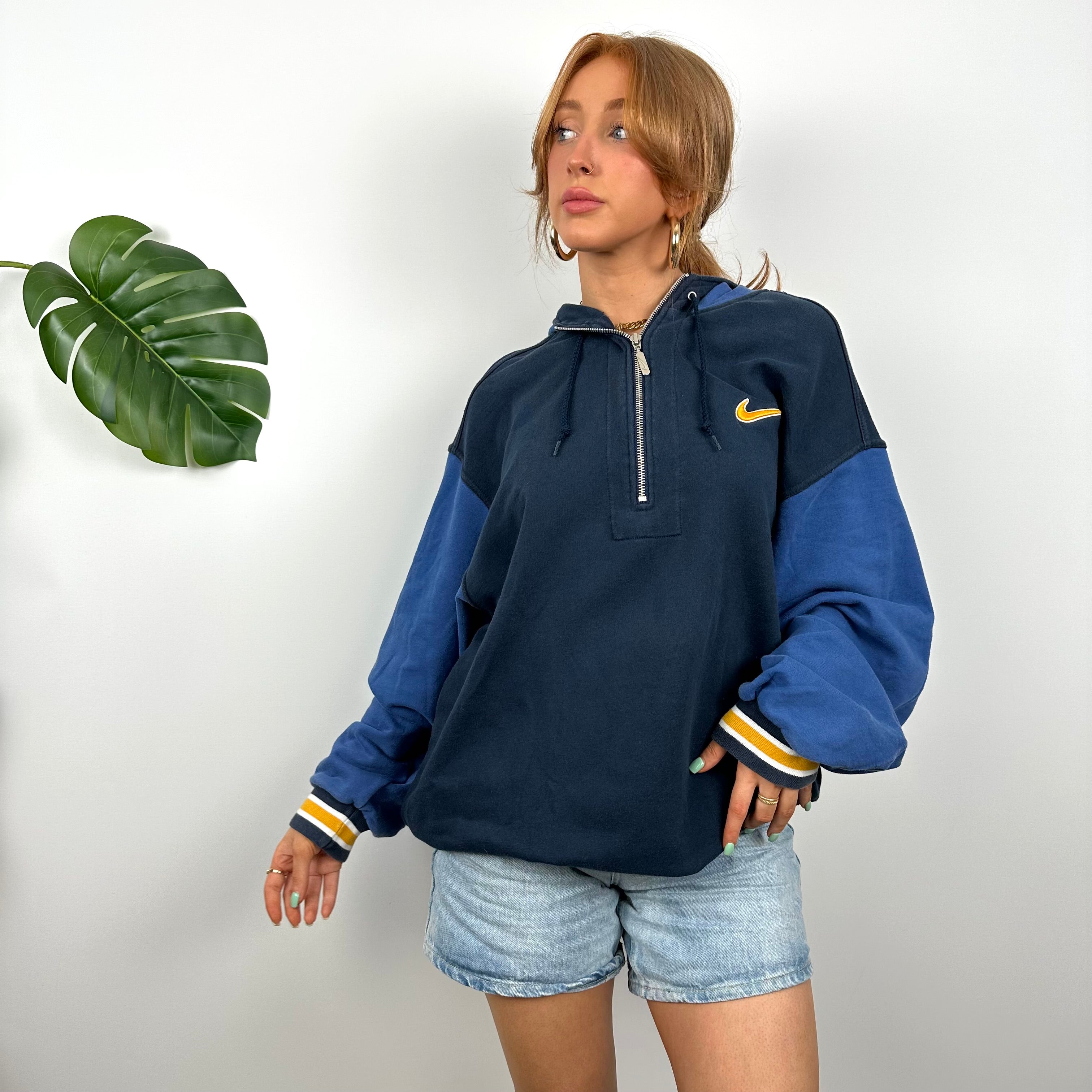 Nike RARE Navy Embroidered Swoosh Quarter Zip Hoodie (L)