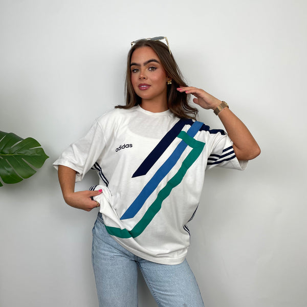 Adidas White Embroidered Spell Out Colour Block T Shirt (XL)