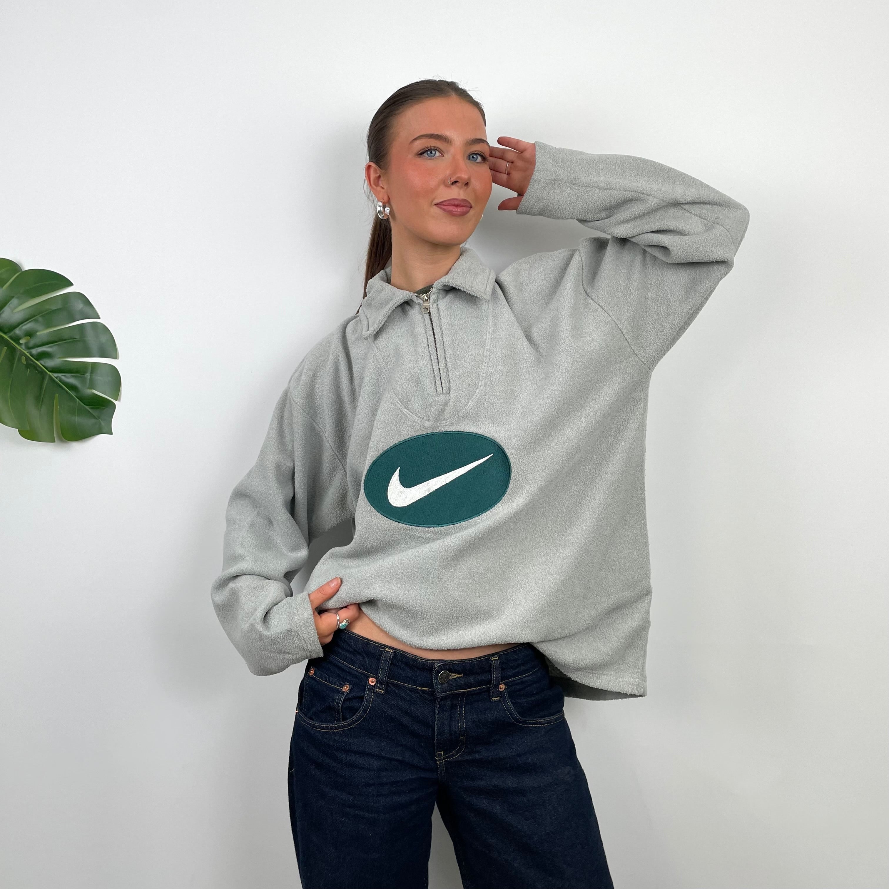 Nike Grey Embroidered Swoosh Teddy Bear Fleece Quarter Zip Sweatshirt (L)