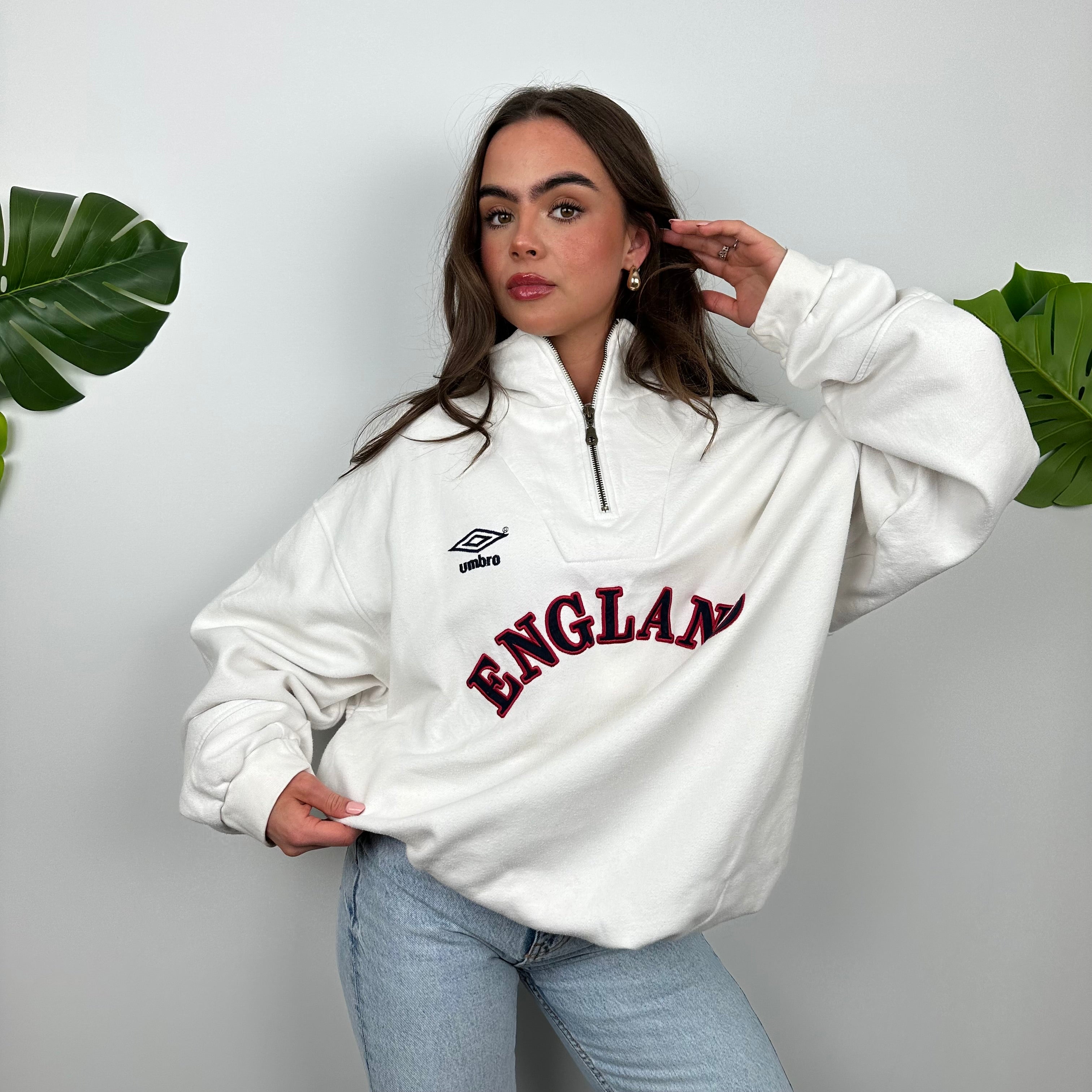 Umbro X England White Embroidered Spell Out Quarter Zip Sweatshirt (XL)