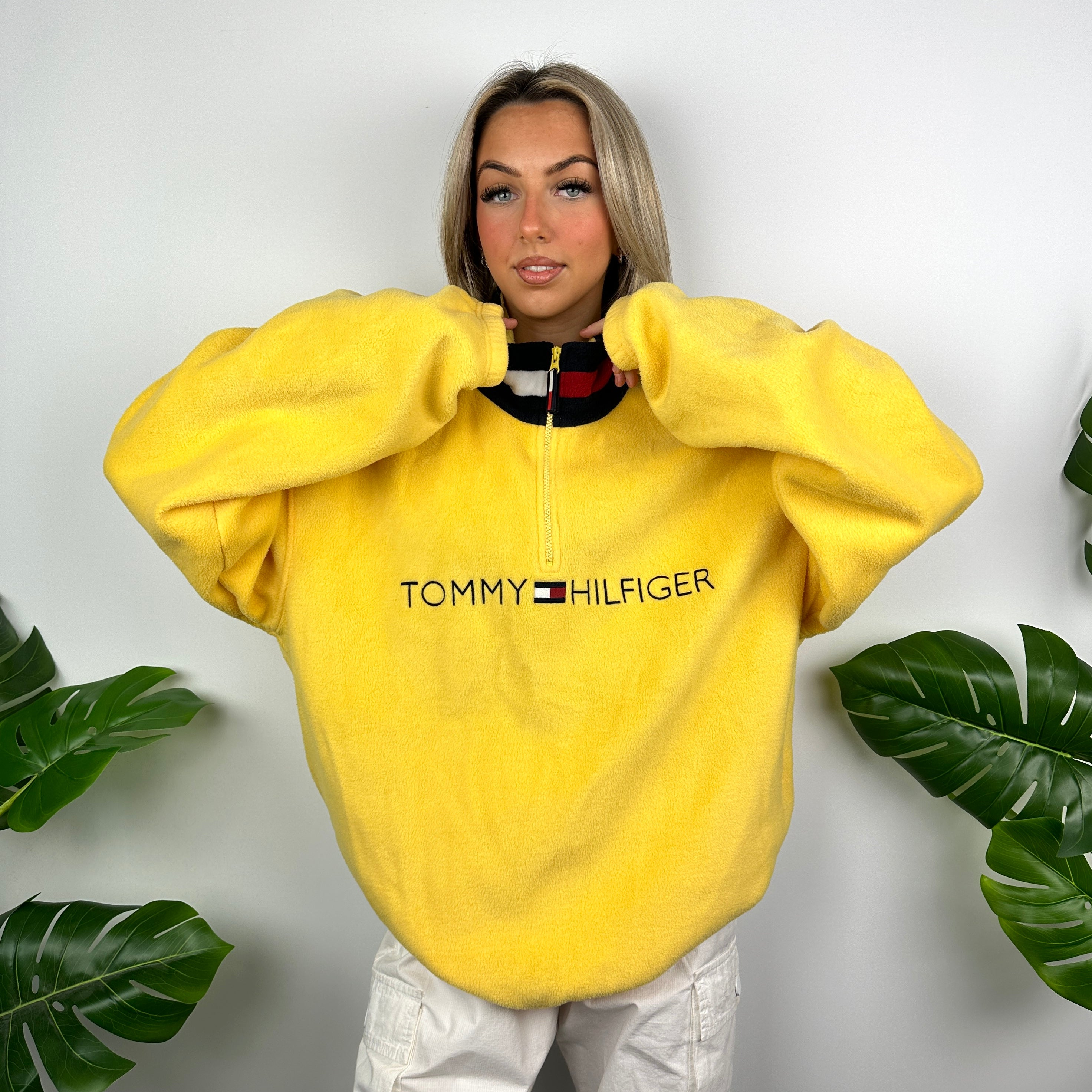 Tommy Hilfiger Yellow Embroidered Spell Out Teddy Bear Fleece Quarter Zip Sweatshirt (L)