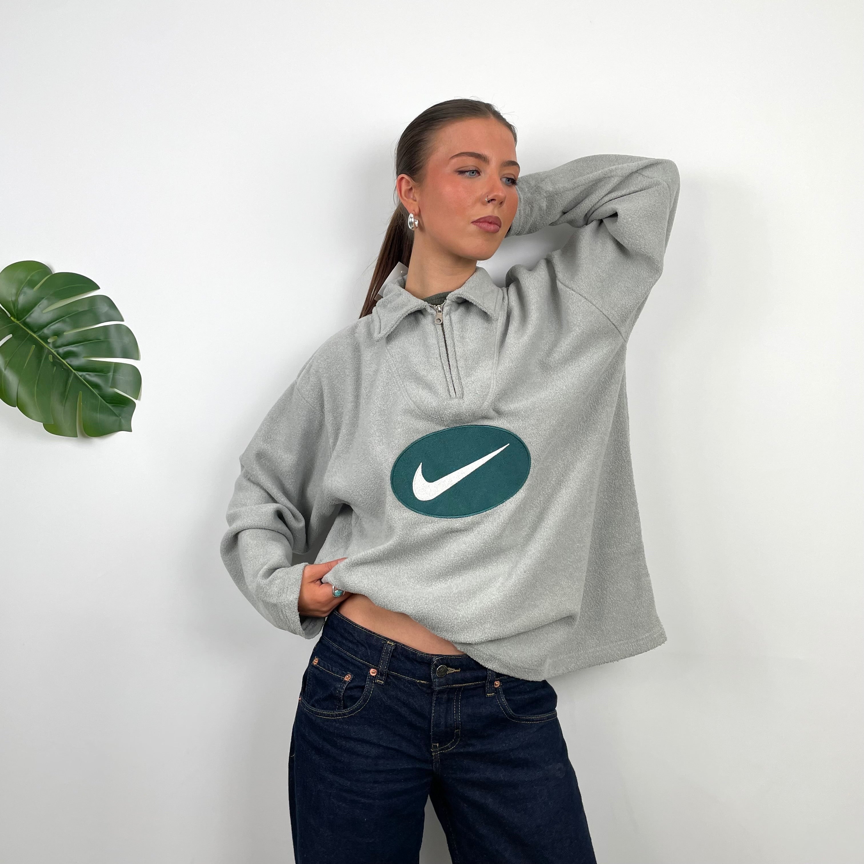 Nike Grey Embroidered Swoosh Teddy Bear Fleece Quarter Zip Sweatshirt (L)