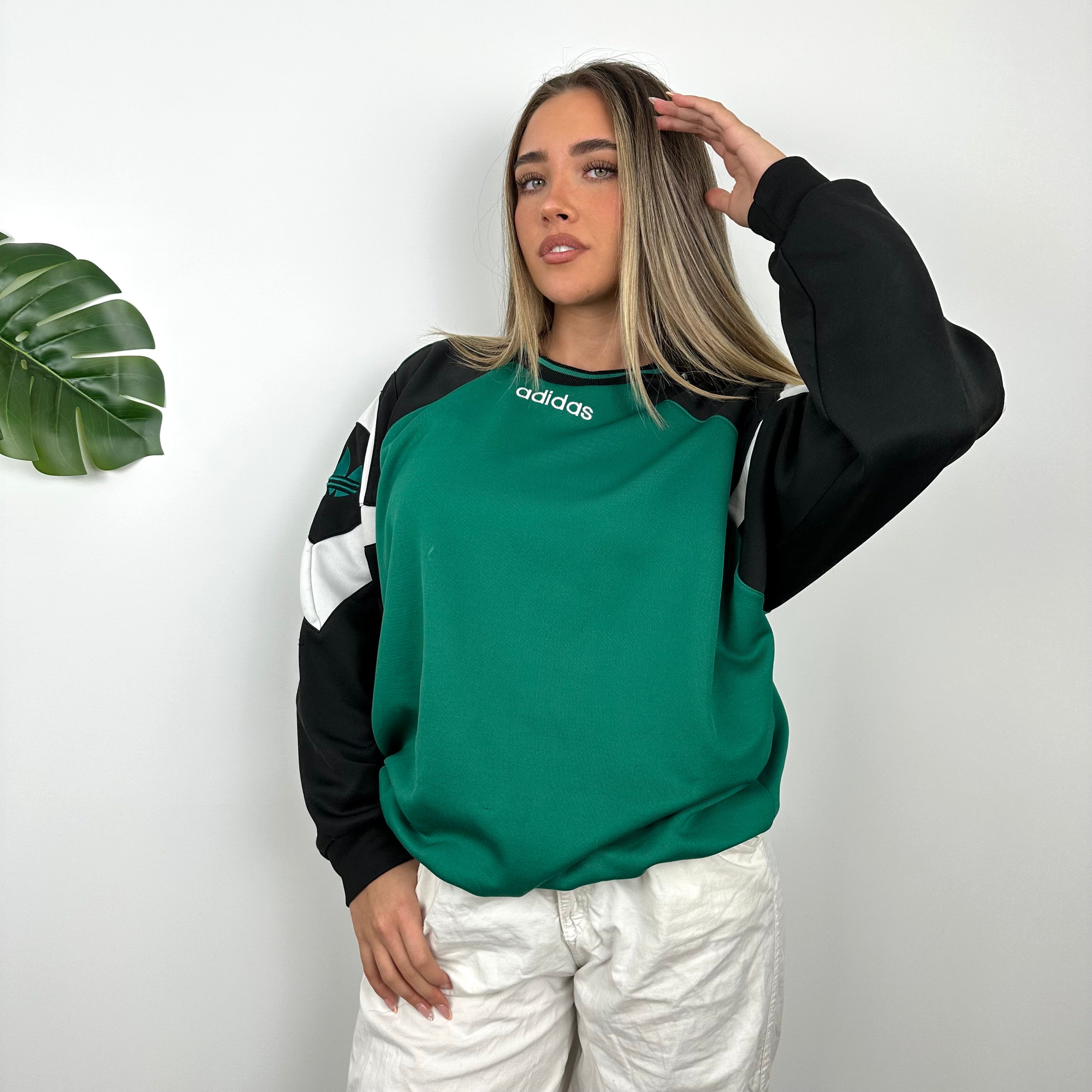 Adidas Black & Green Embroidered Spell Out Colour Block Sweatshirt (M)