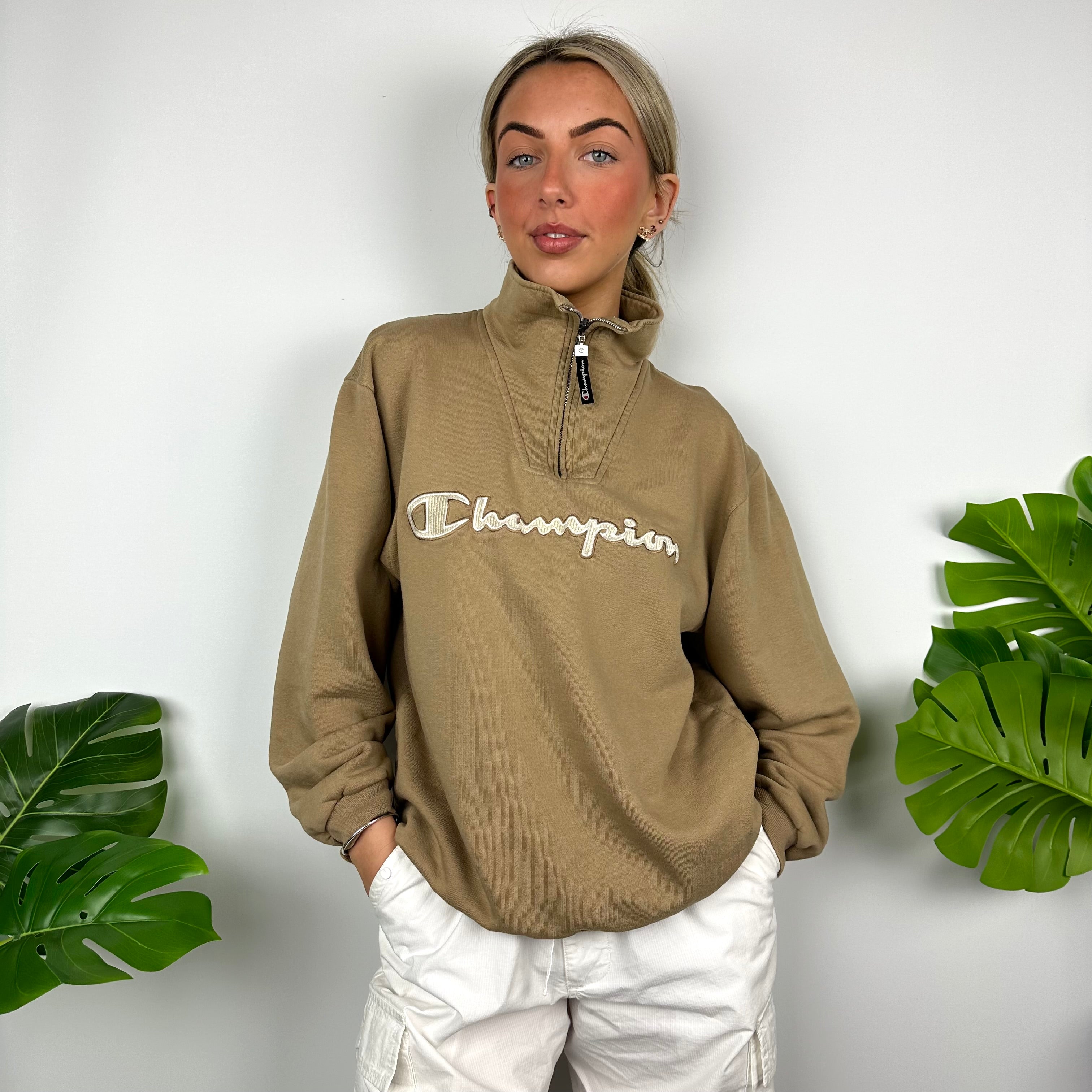 Champion Tan Embroidered Spell Out Quarter Zip Sweatshirt (M)