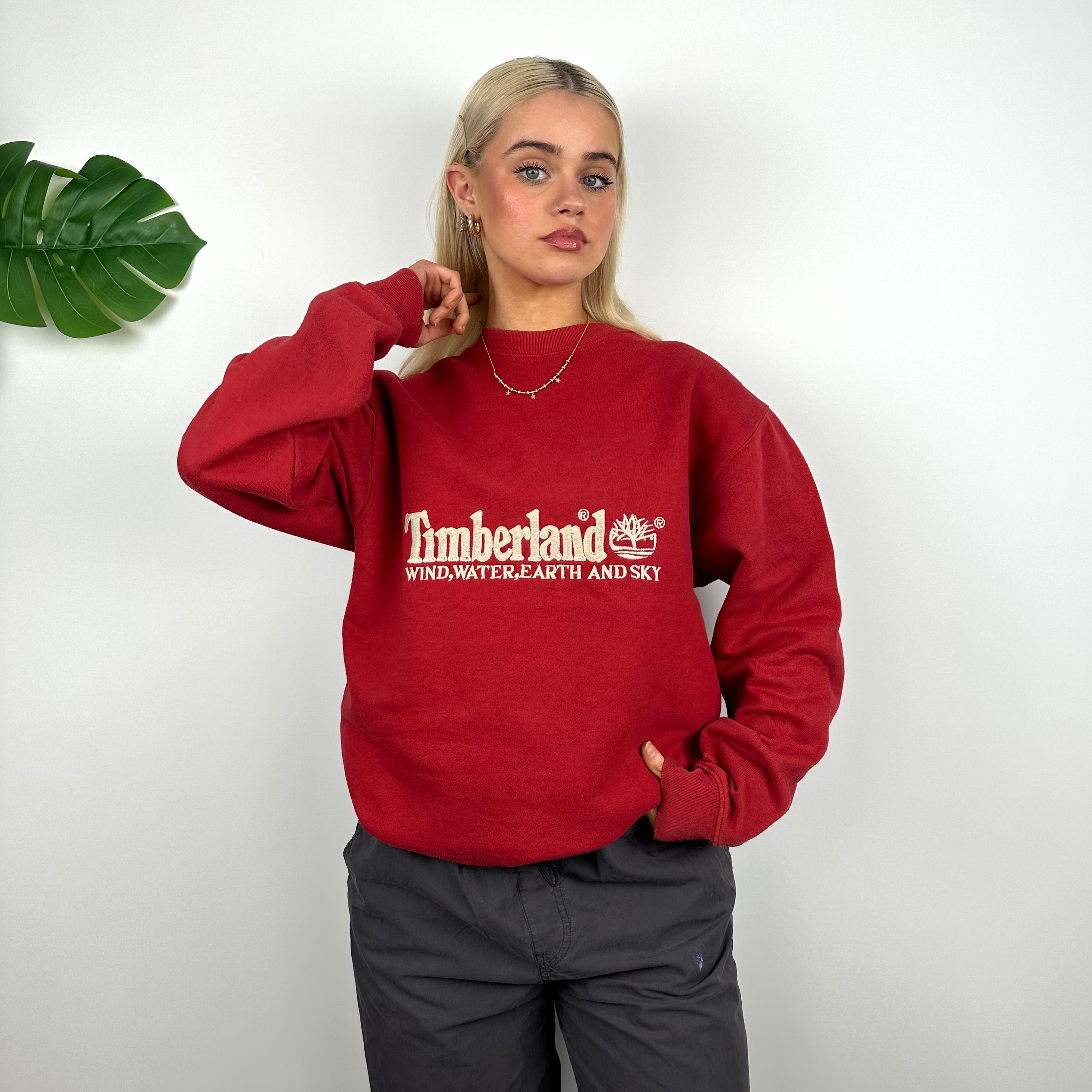 Timberland Red Embroidered Spell Out Sweatshirt (M)