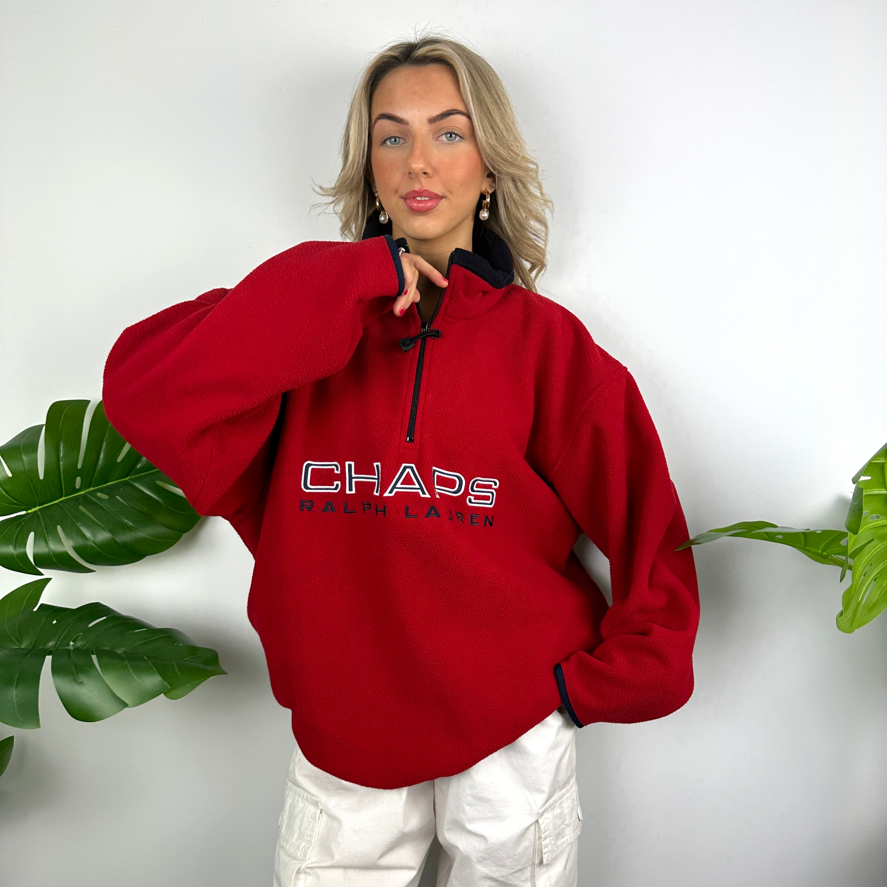 Chaps Ralph Lauren Red Embroidered Spell Out Teddy Bear Fleece Quarter Zip Sweatshirt (L)