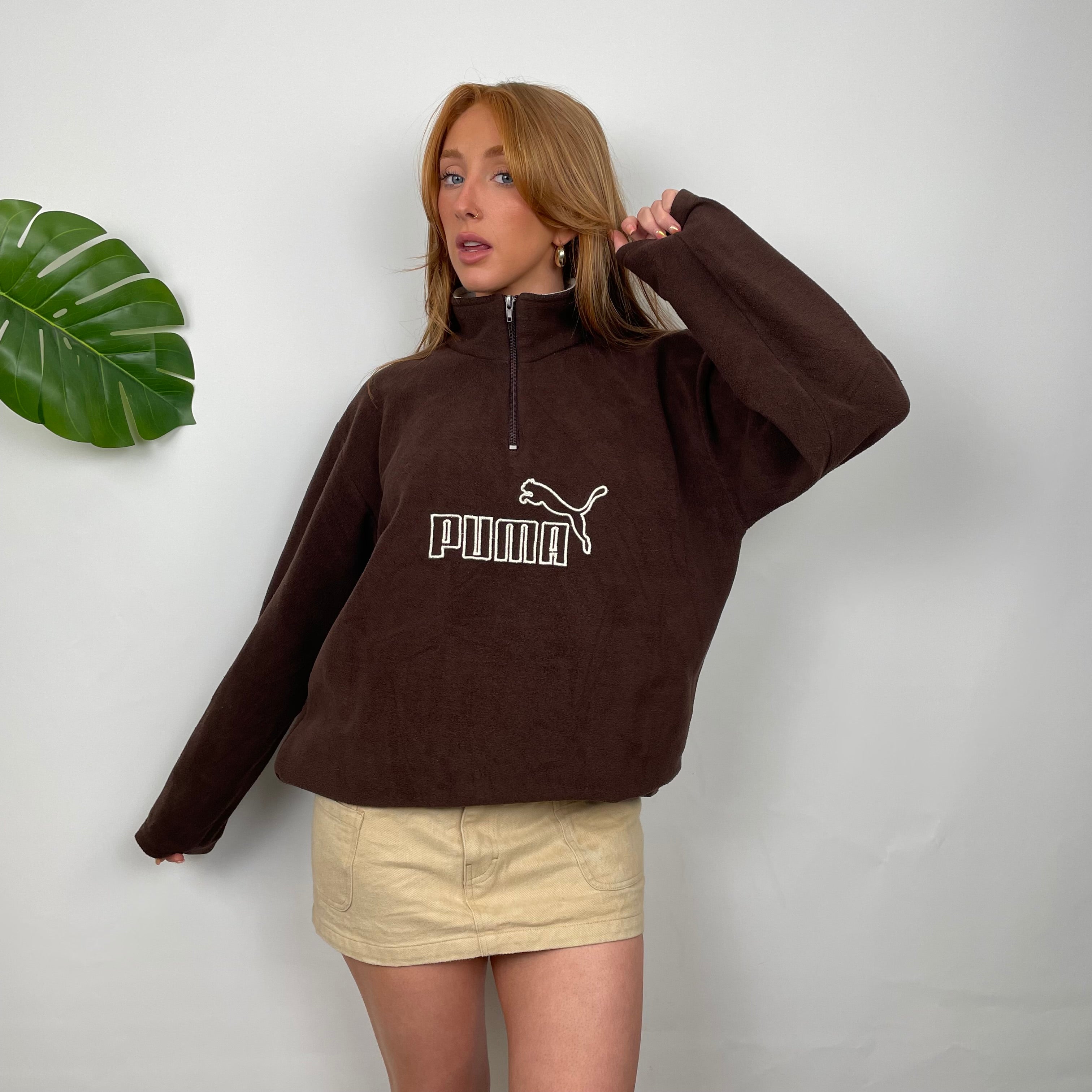 PUMA Brown Embroidered Spell Out Teddy Bear Fleece Quarter Zip Sweatsh Jamie Online Vintage