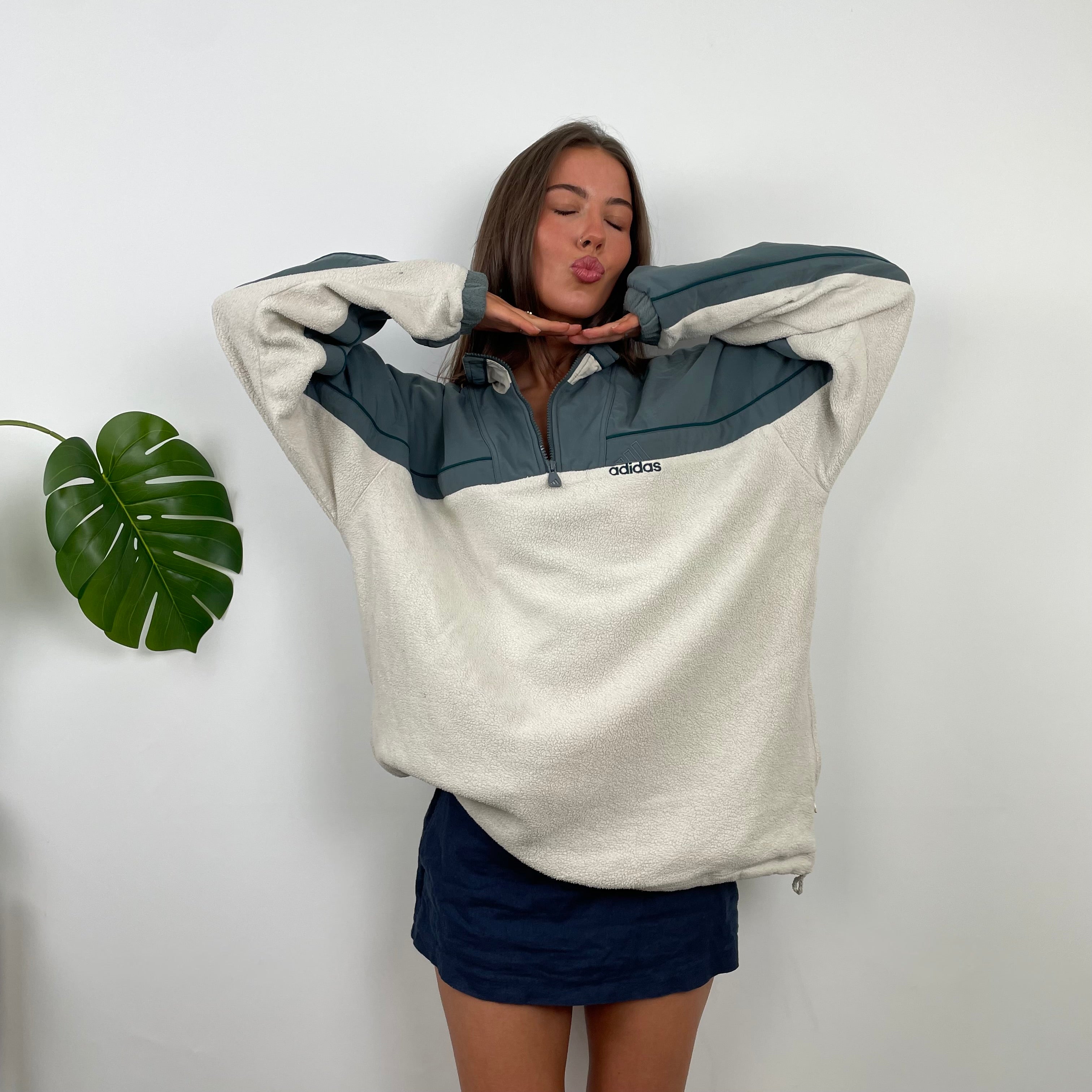 Adidas RARE Cream Embroidered Spell Out Teddy Bear Fleece Quarter Zip Sweatshirt (XL)