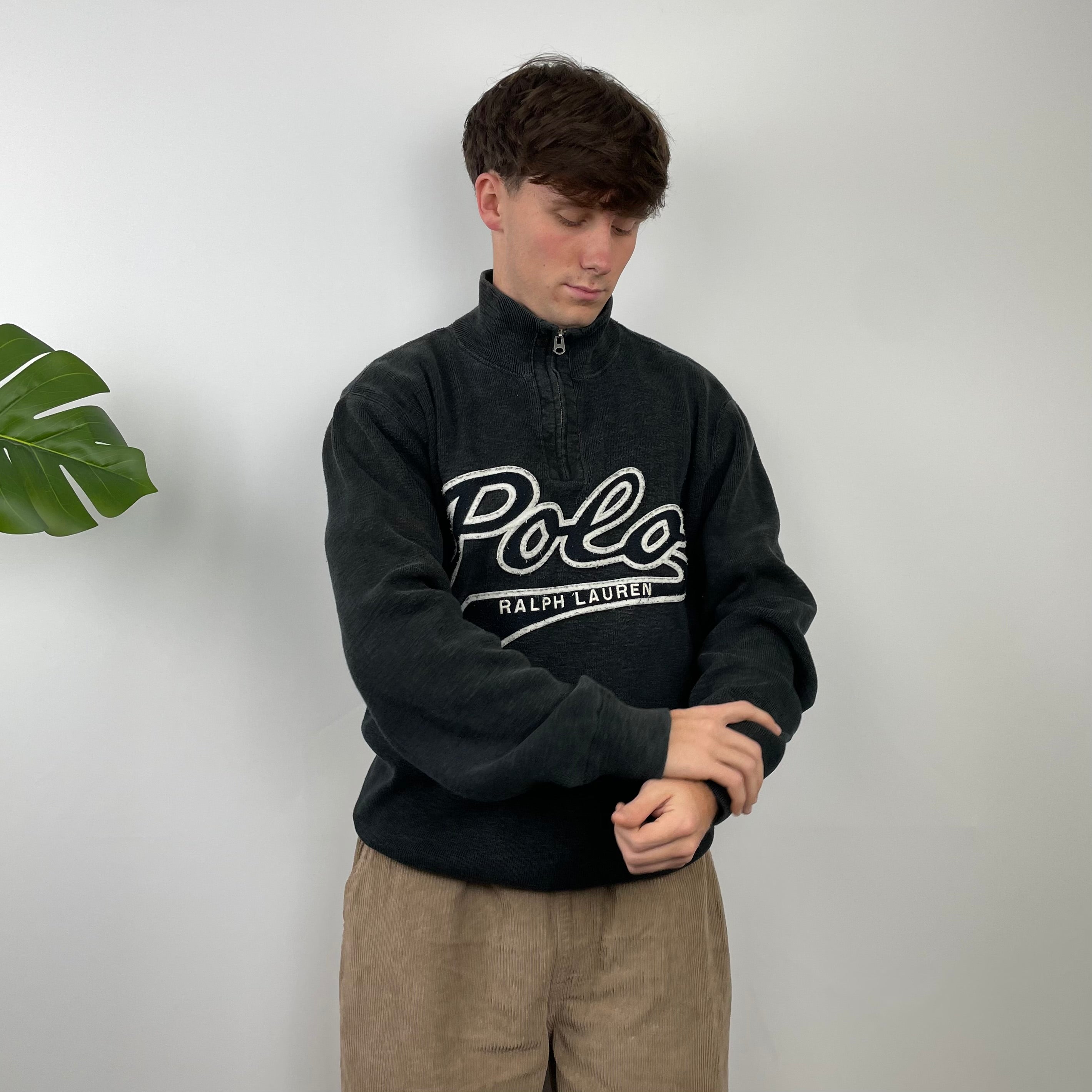 Polo Ralph Lauren Black Embroidered Spell Out Quarter Zip Sweatshirt (XL)