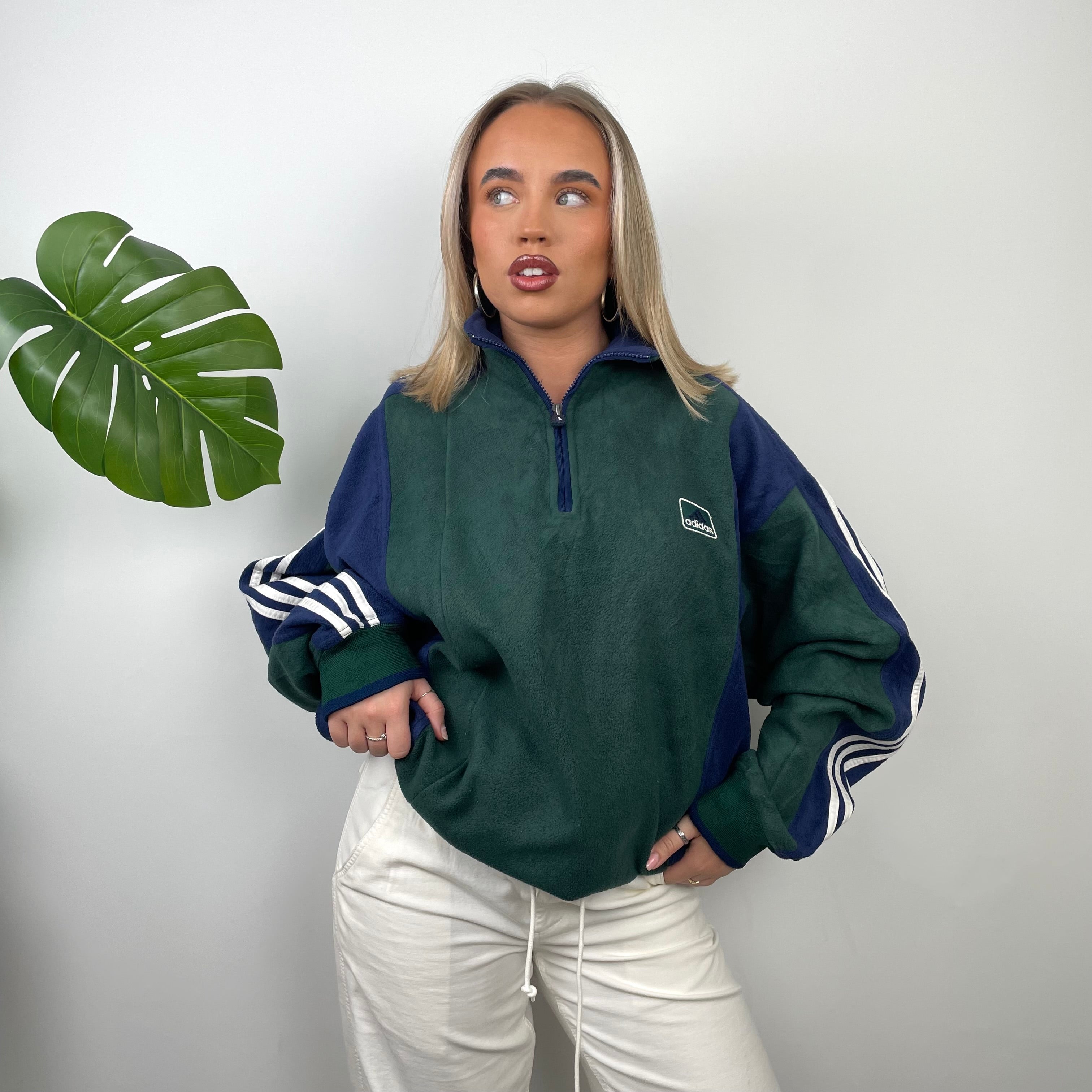 Adidas Green Embroidered Spell Out Fleece Quarter Zip Sweatshirt (XL)