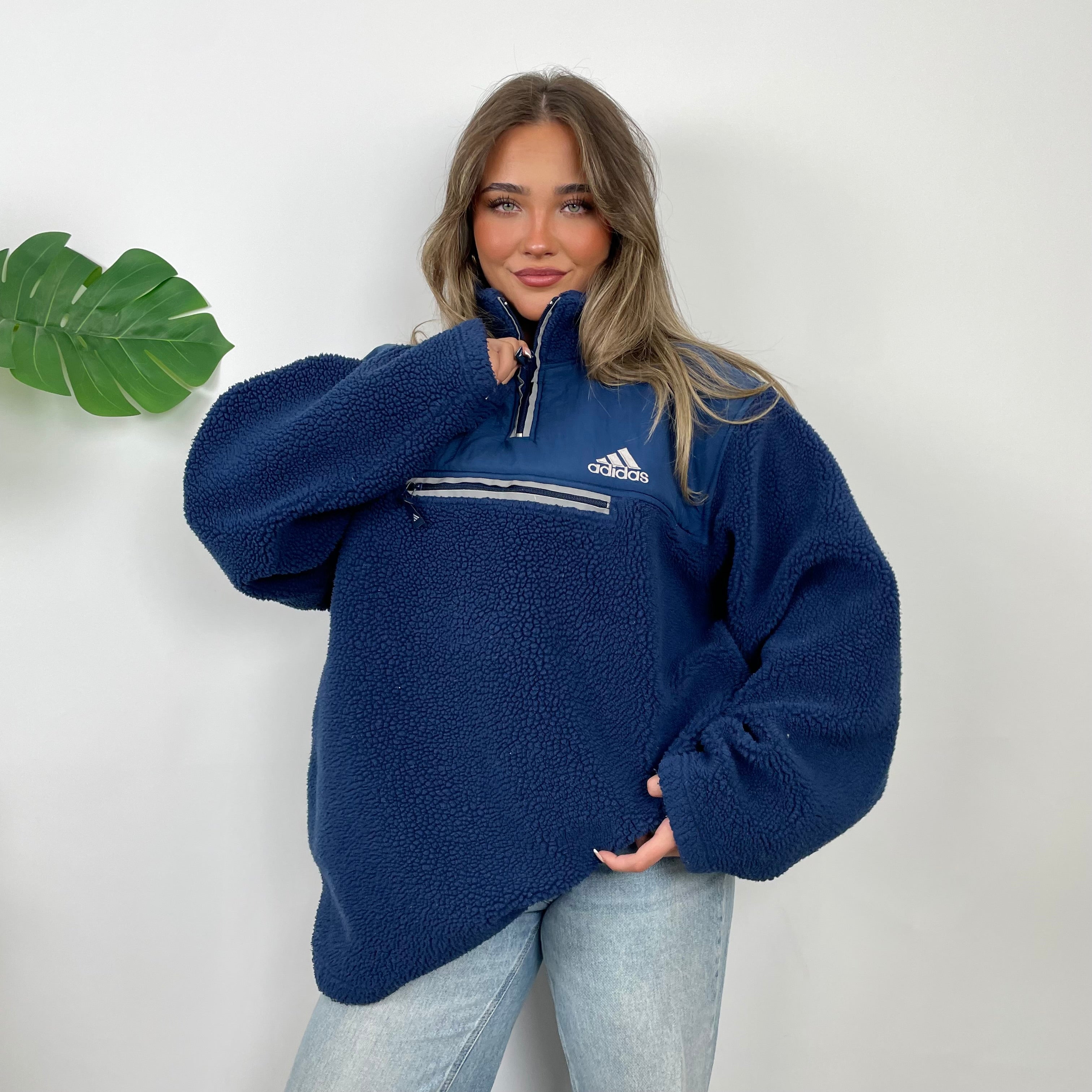 Adidas Navy Embroidered Spell Out Teddy Bear Sherpa Fleece Quarter Zip Sweatshirt (XL)