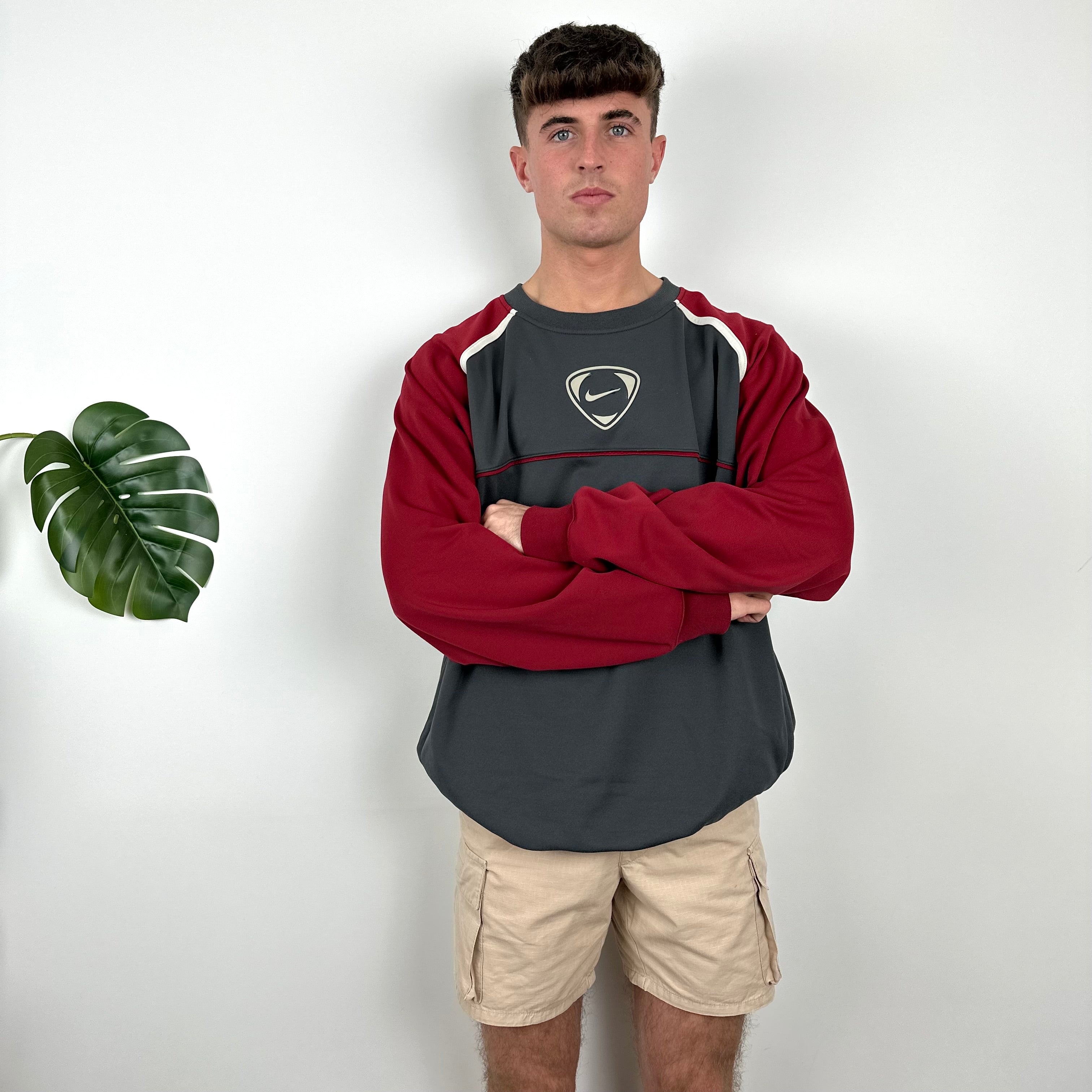 Nike Grey & Maroon Embroidered Swoosh Sweatshirt (XXL)