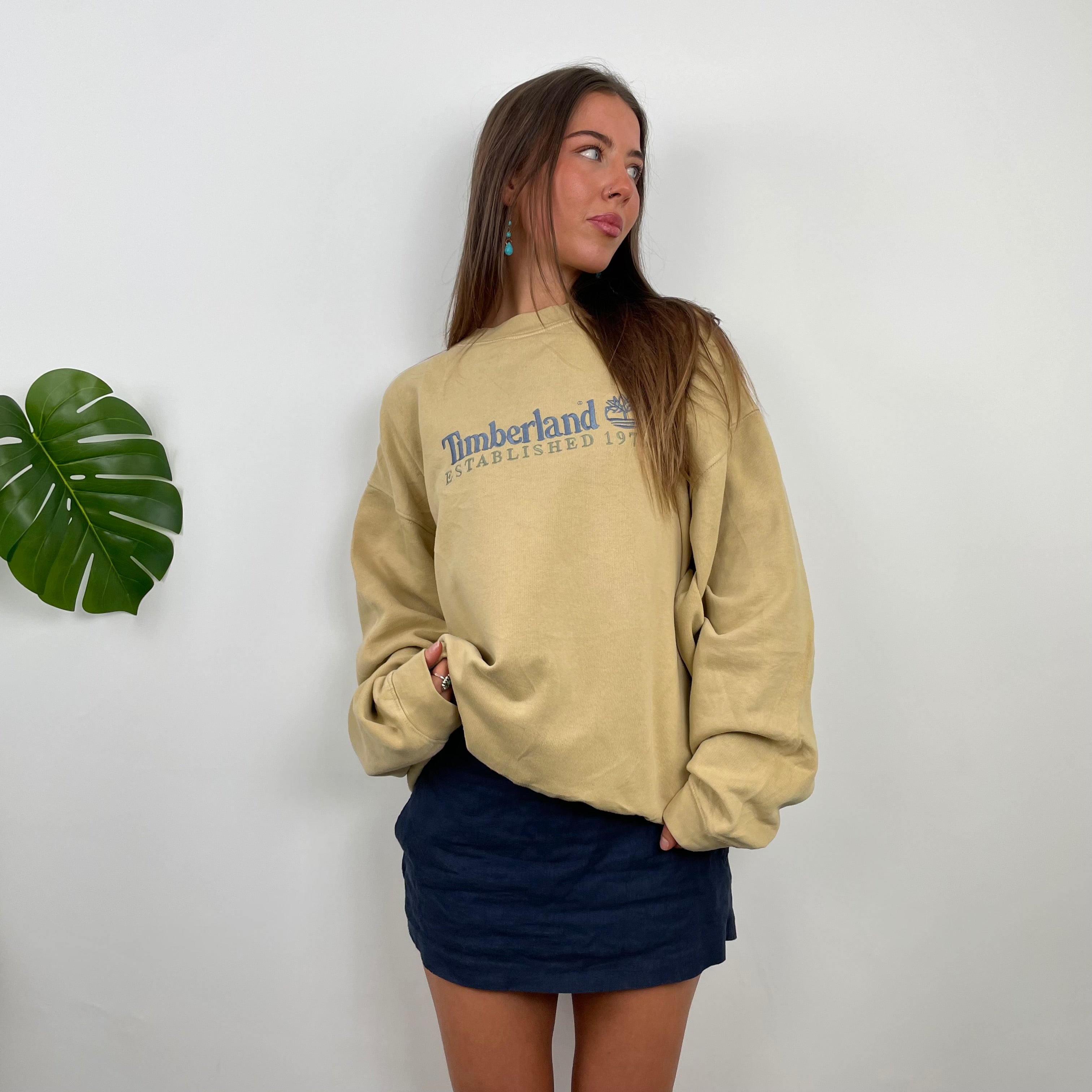 Timberland RARE Beige Embroidered Spell Out Sweatshirt  (L)