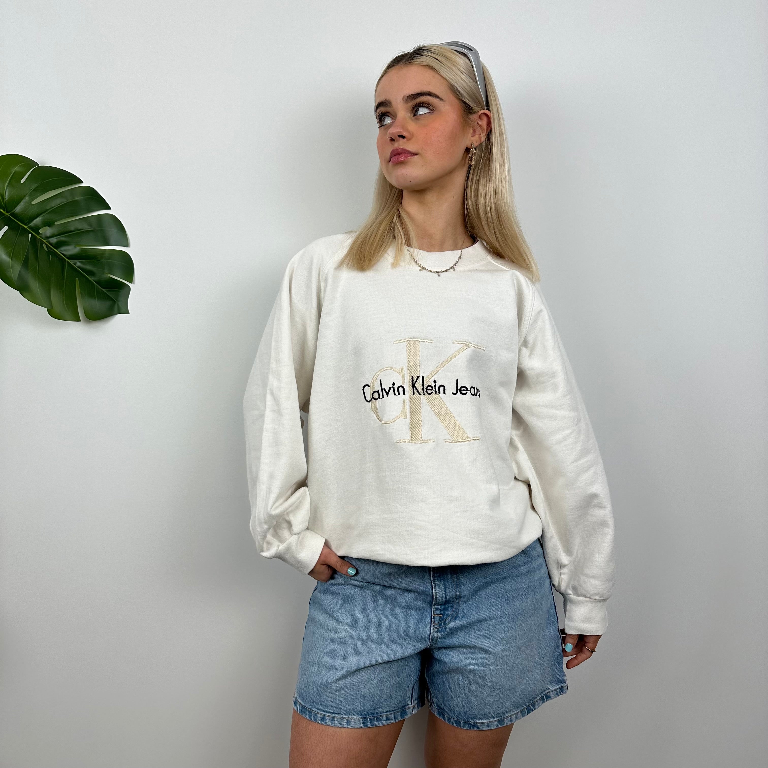 Calvin Klein RARE White Embroidered Spell Out Sweatshirt (M)