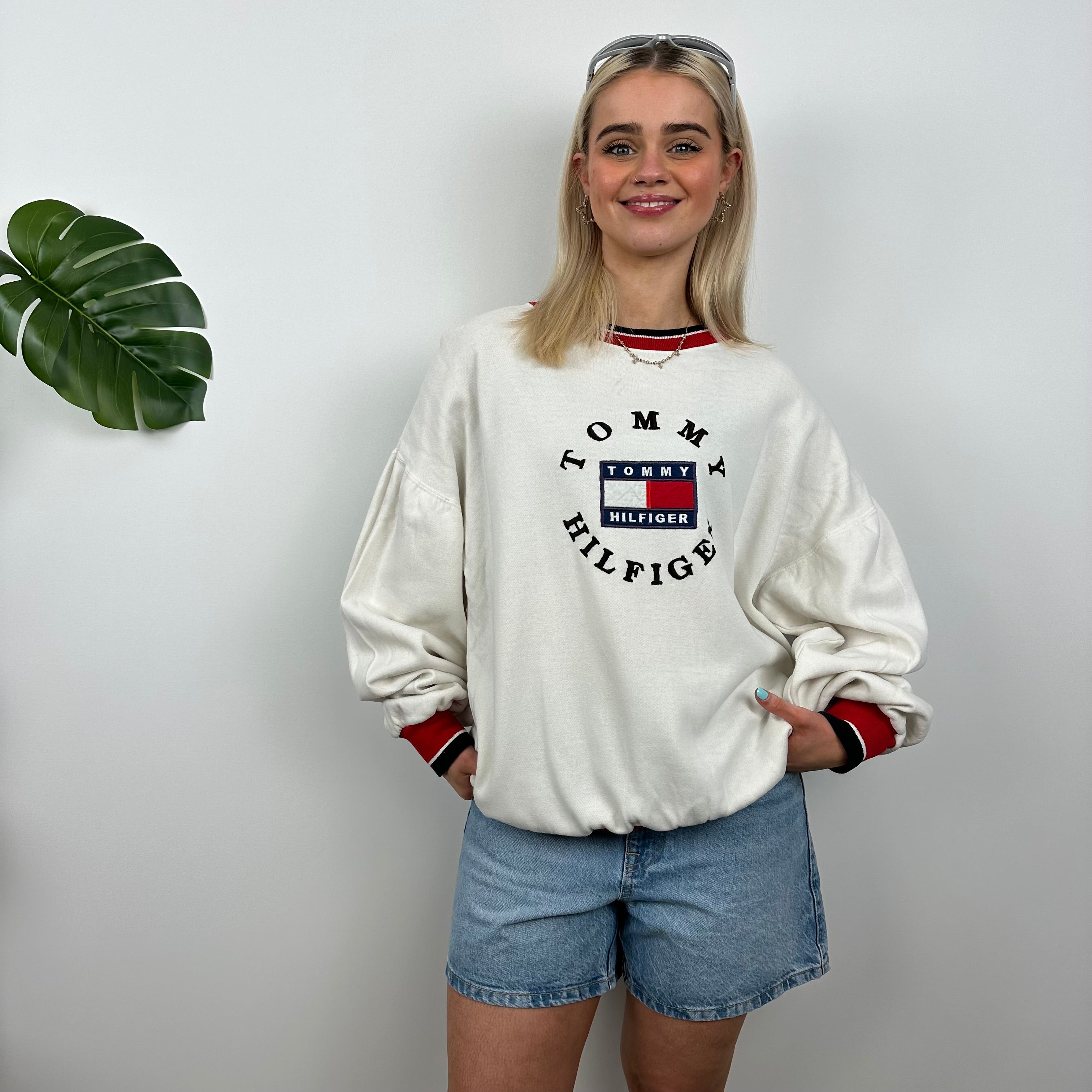 Tommy Hilfiger RARE White Embroidered Spell Out Sweatshirt (M)