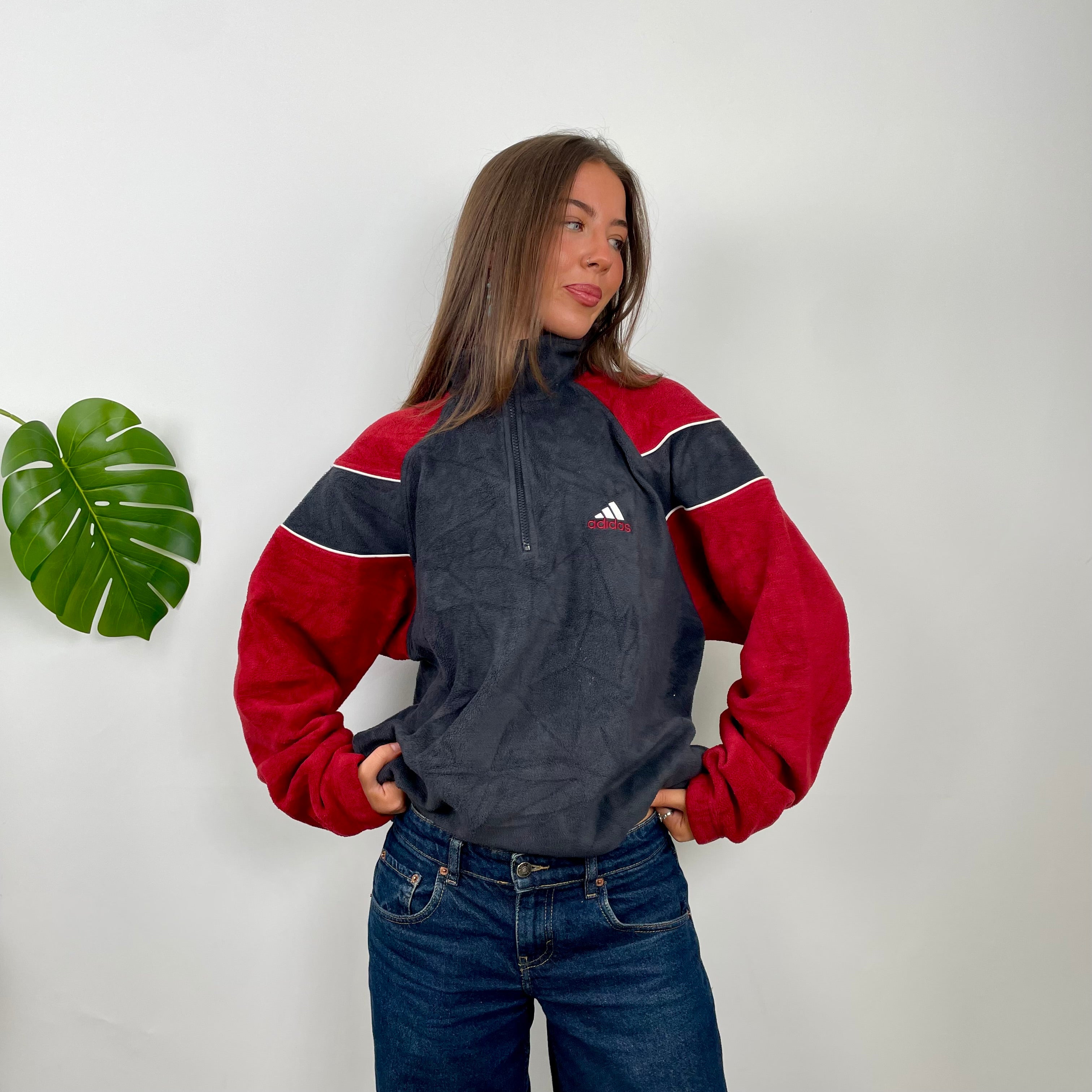 Adidas Black Colour Block Embroidered Spell Out Teddy Bear Fleece Quarter Zip Sweatshirt (XL)