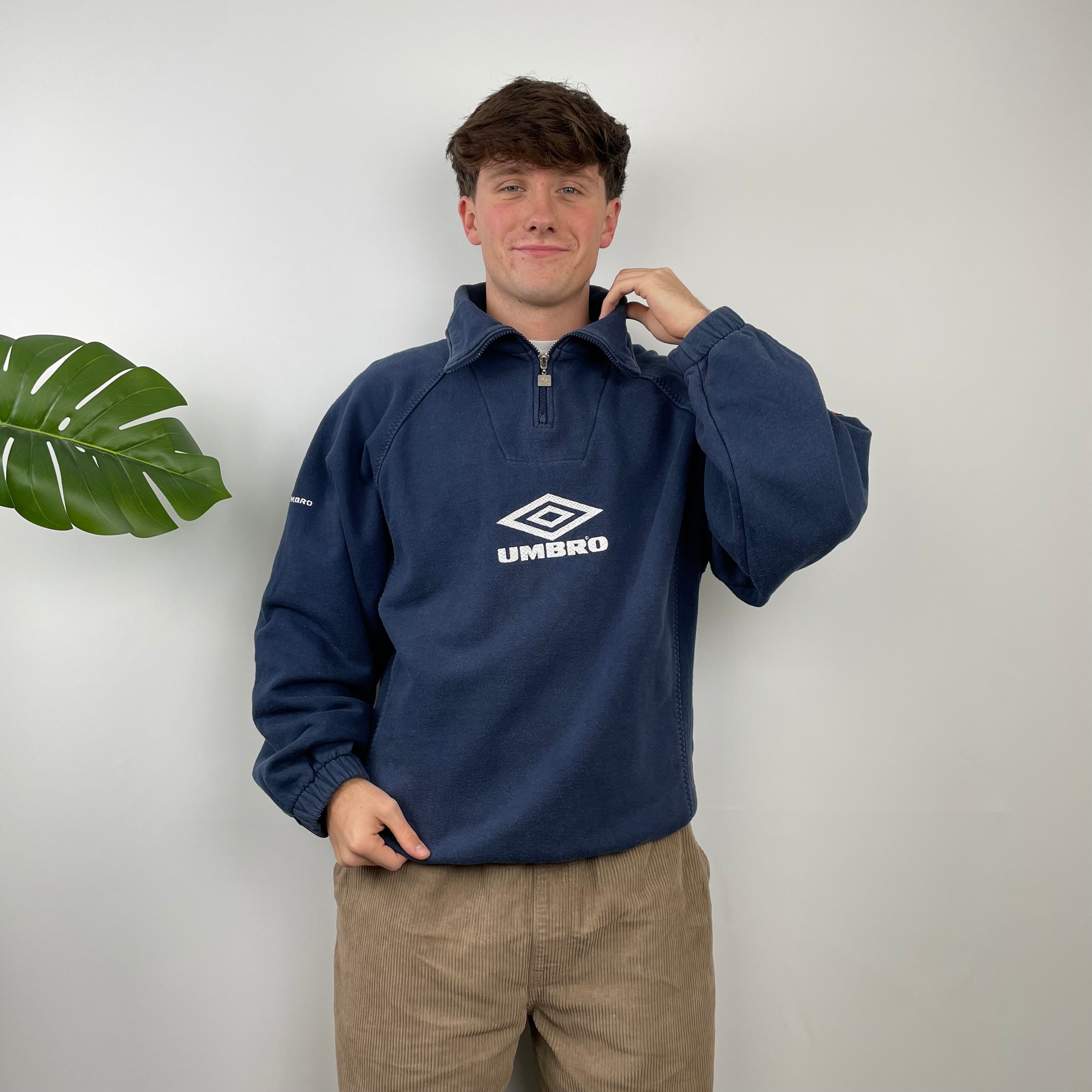 Umbro RARE Navy Embroidered Spell Out Quarter Zip Sweatshirt (L)