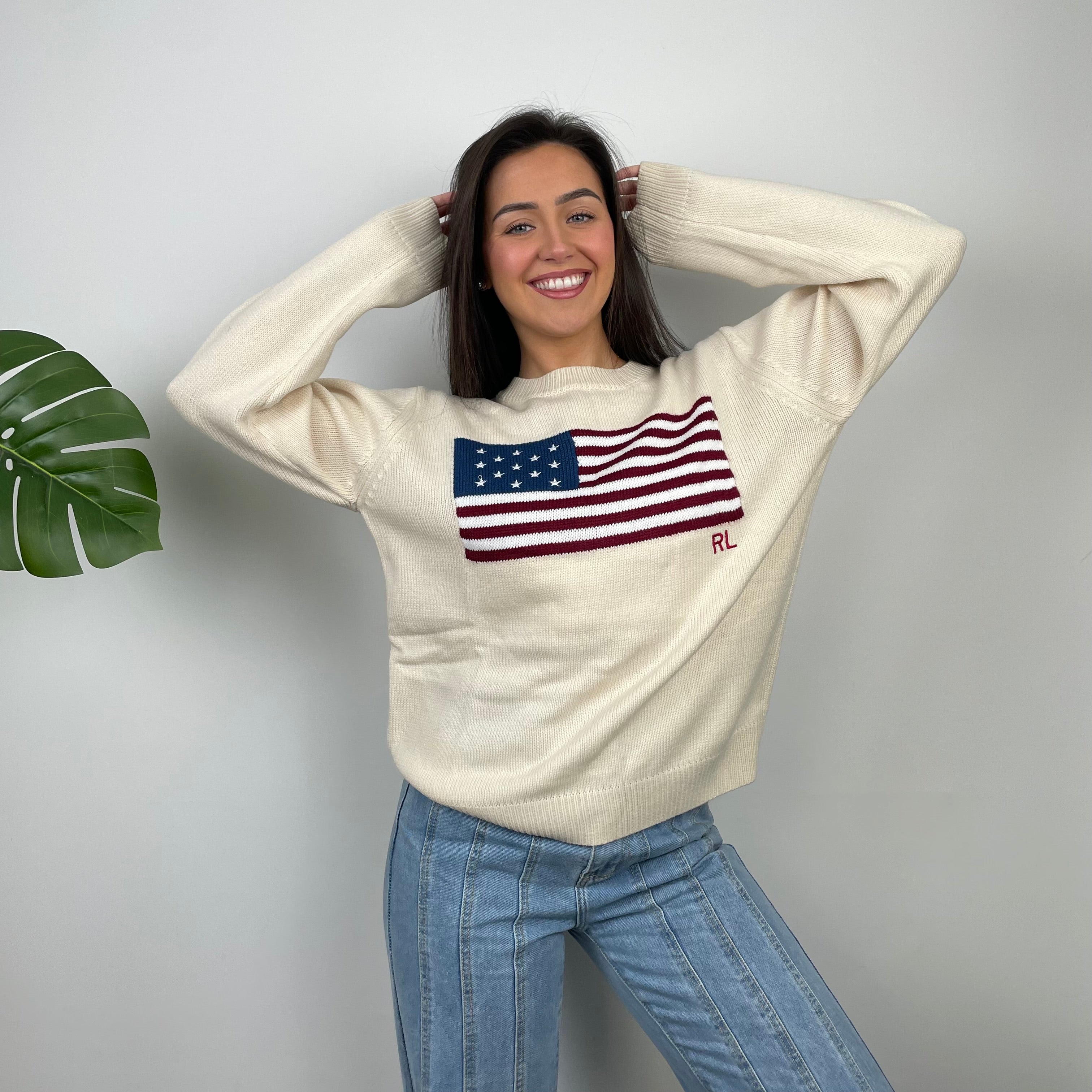 Polo Ralph Lauren Cream Embroidered Spell Out Knitted Sweater (M)