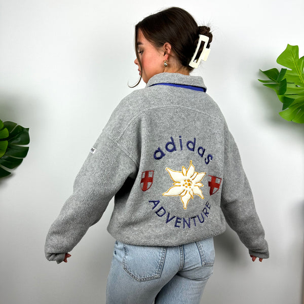 Adidas Adventure Grey Embroidered Spell Out Teddy Bear Fleece Button Sweatshirt (M)