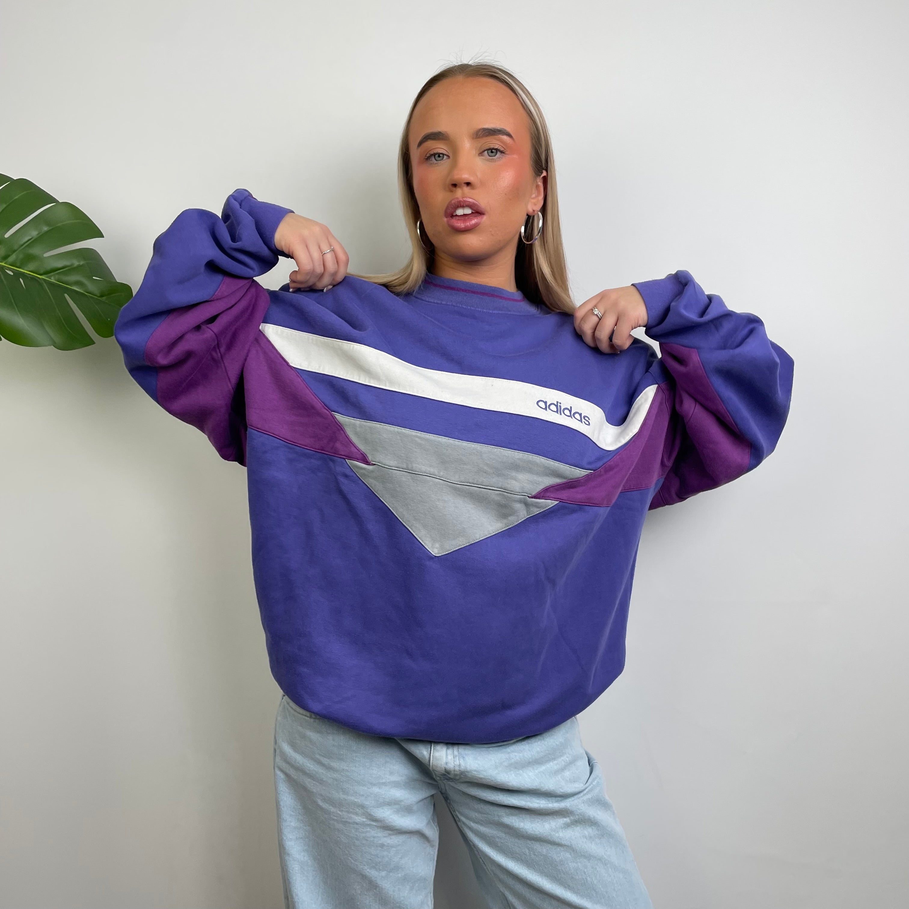 Adidas Blue Colour Block Embroidered Spell Out Sweatshirt (L)