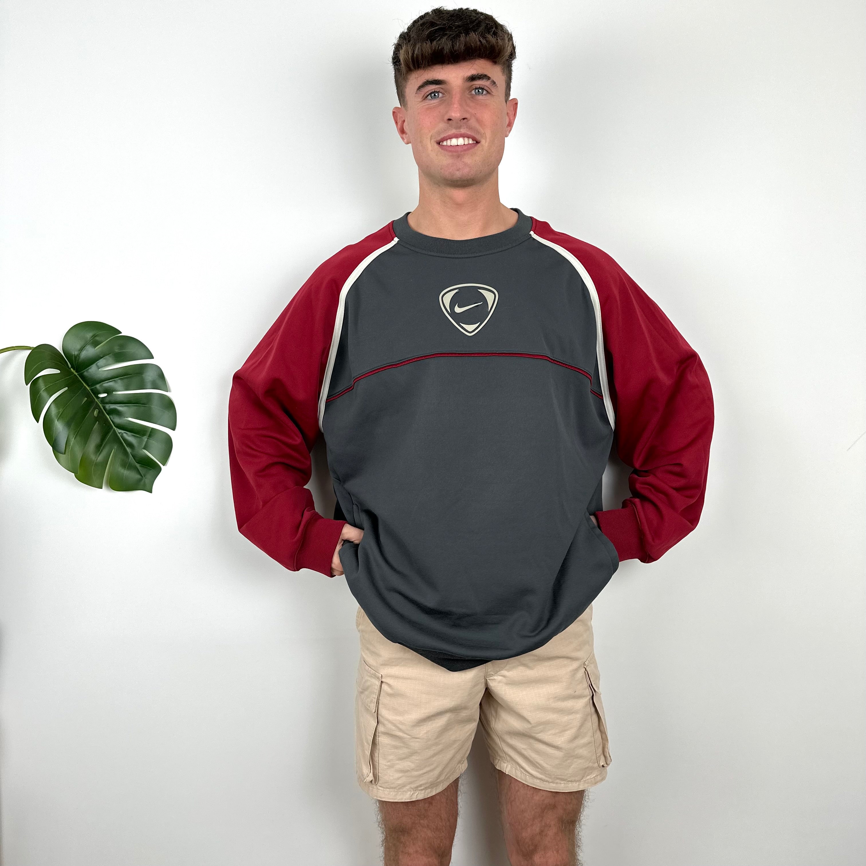 Nike Grey & Maroon Embroidered Swoosh Sweatshirt (XXL)