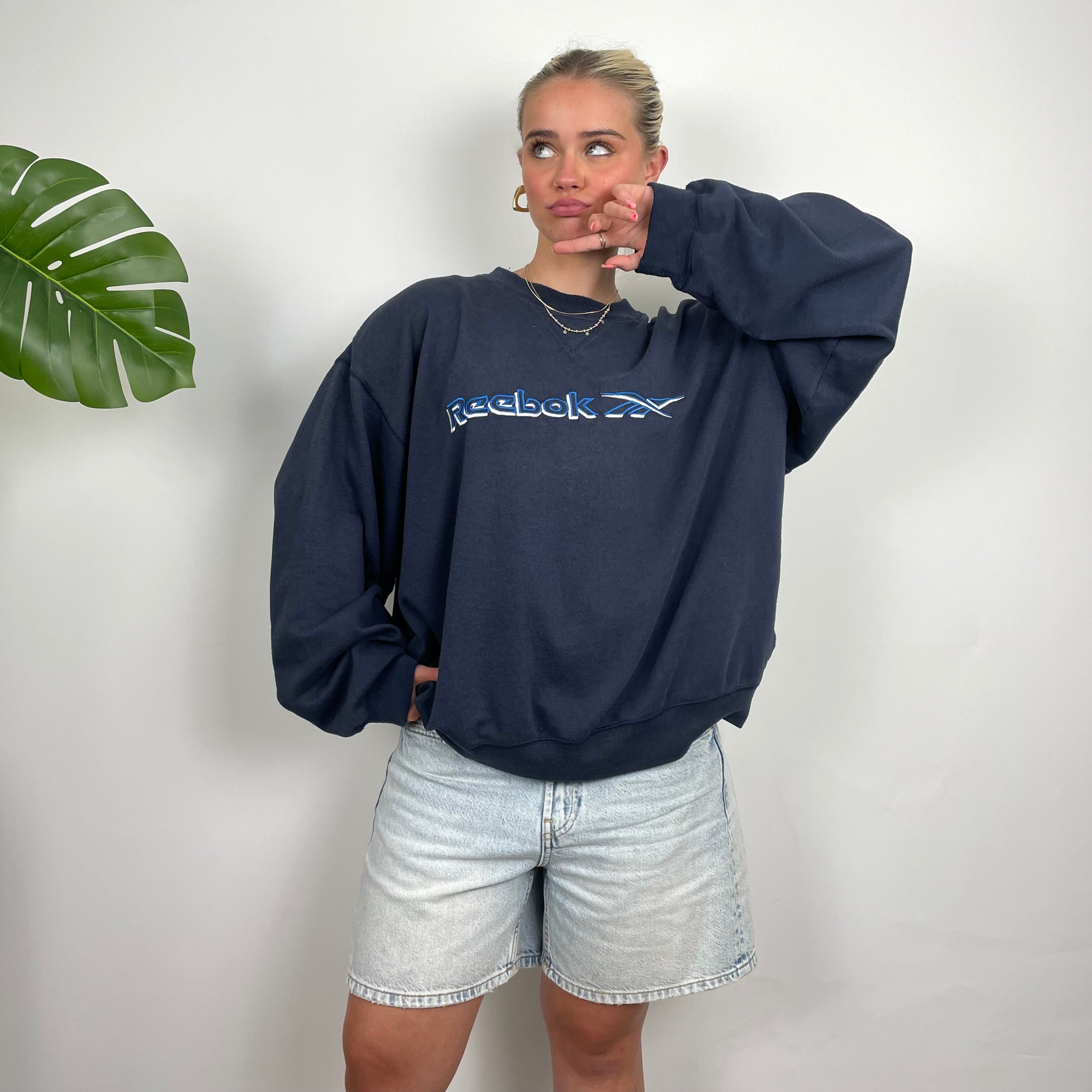 Reebok RARE Navy Embroidered Spell Out Sweatshirt (L)