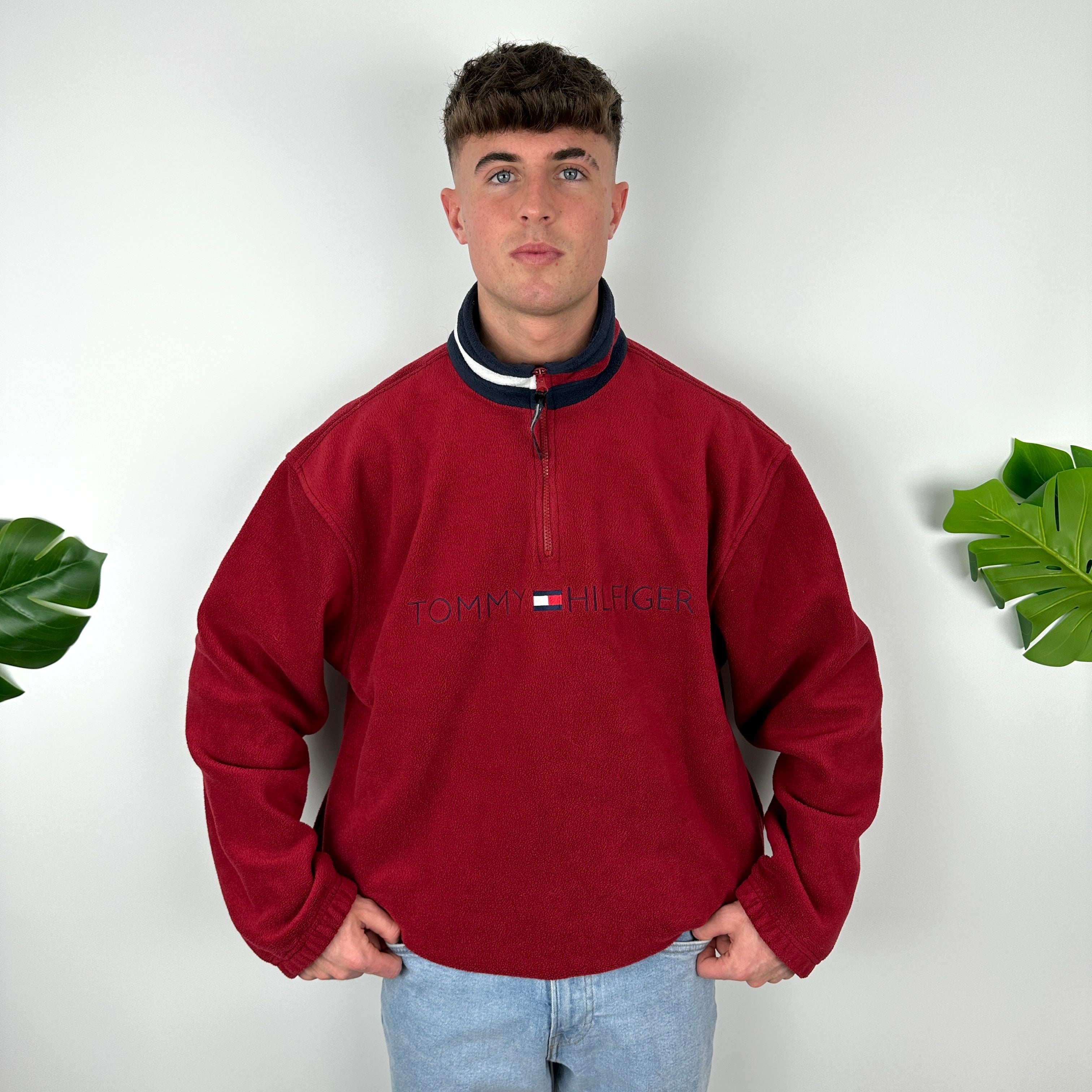 Tommy Hilfiger Red Embroidered Spell Out Teddy Bear Fleece Quarter Zip Sweatshirt (XL)