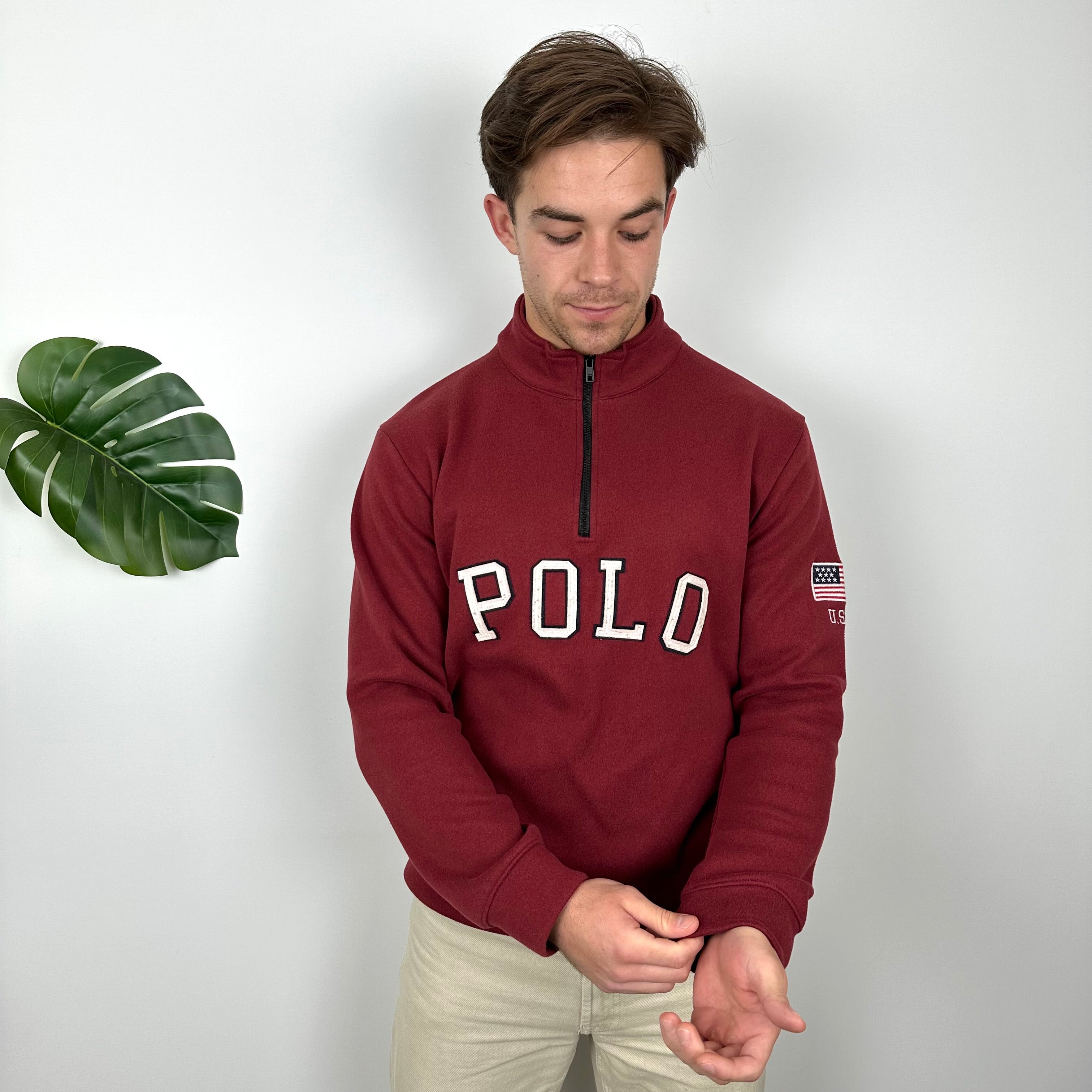 Polo Ralph Lauren Maroon Embroidered Spell Out Fleece Quarter Zip (L)