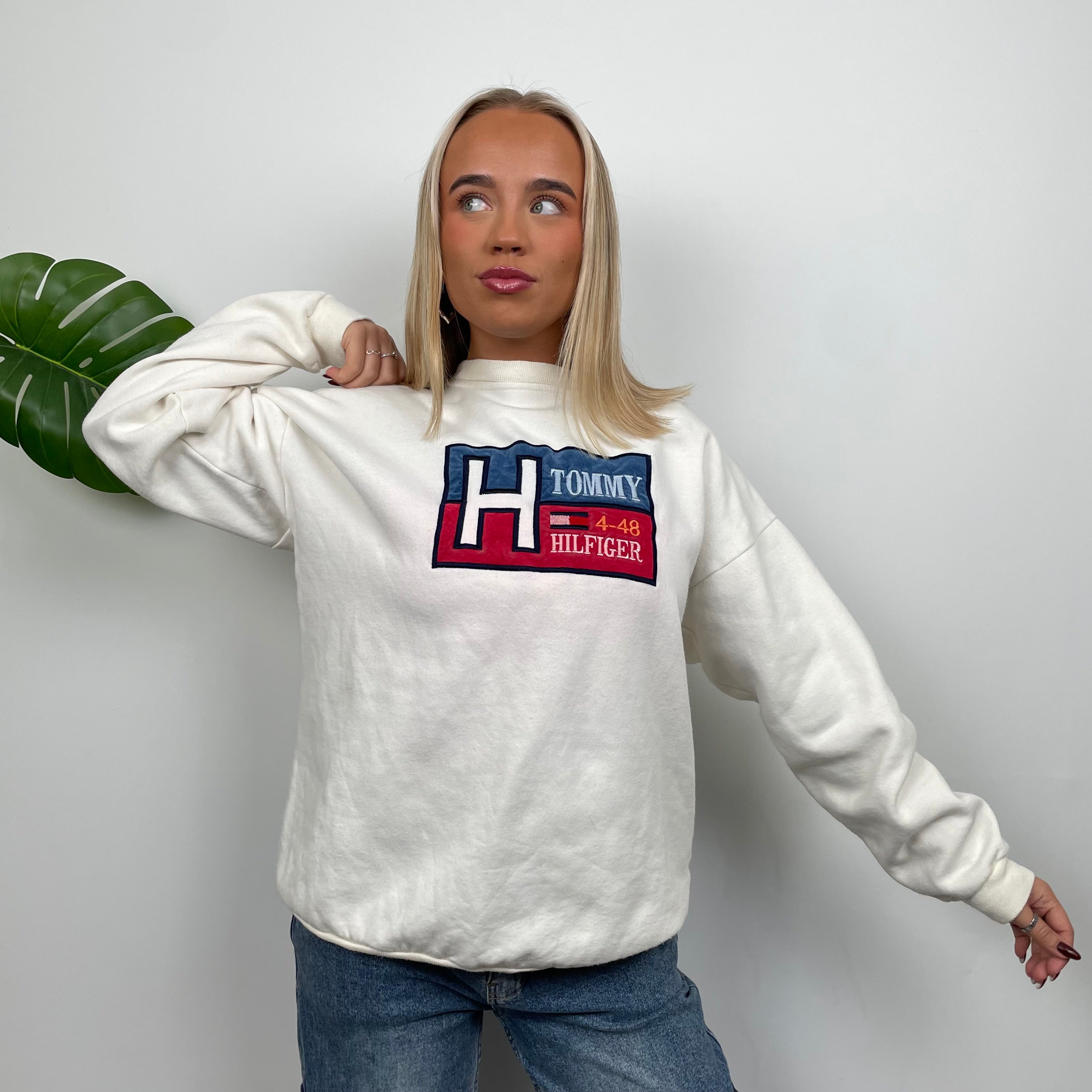 Tommy Hilfiger RARE Cream Embroidered Spell Out Sweatshirt