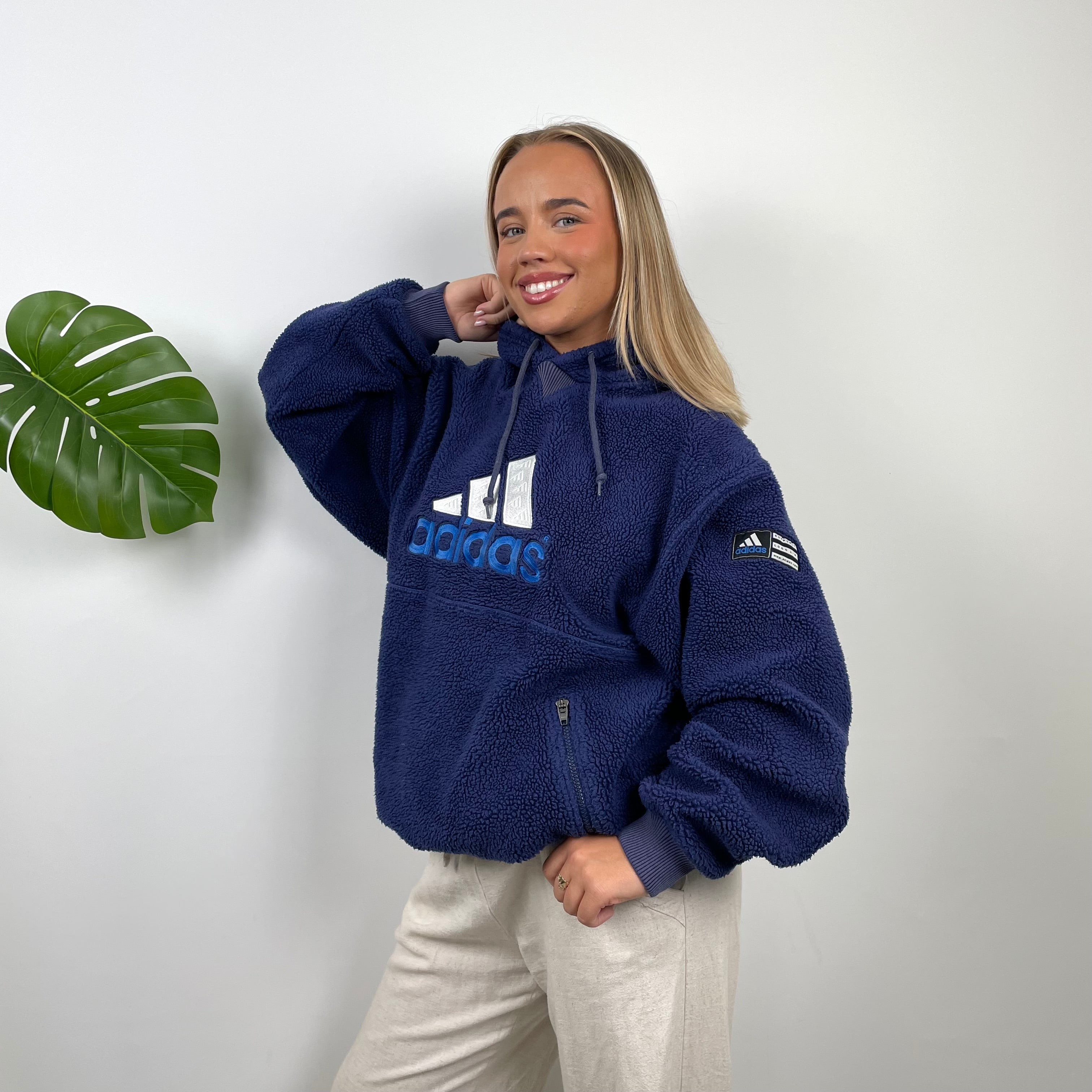 Adidas RARE Navy Embroidered Spell Out Teddy Bear Sherpa Fleece Hoodie (L)